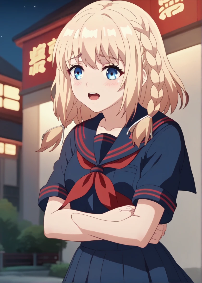 aikatsu,Blonde_HAIR,hoshimiya ichigo,hight resolution, absurdres, best_Quality, Ultra_Detailled, 8K, extremely_clear, photo, beautiful, Beautiful face, Scharp Focus, HDR, 1girl, Clean eyes, very wide-eyed,cyberpunk megacity background , hanabi, Beautiful face, very red , standing , very  pose, very young, teen, ,  , No Top, , Blond long hair with red ends, pierced ears, marin kitagawa, 