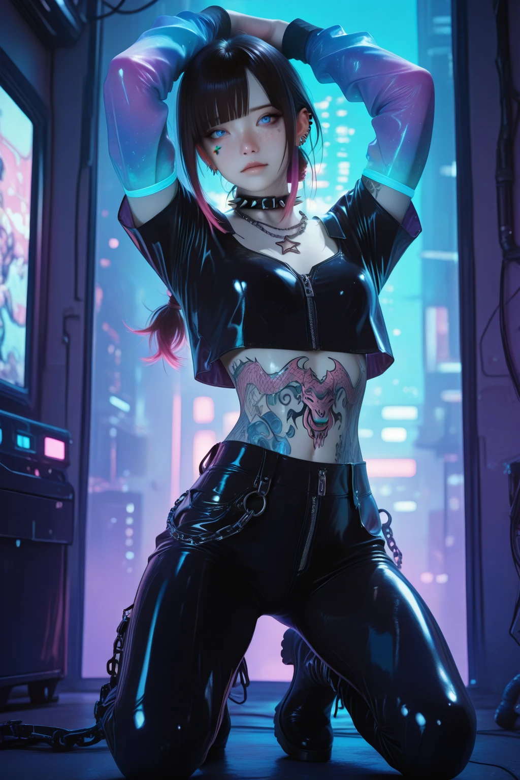 IMG_7904.JPG, a realistic shot featuring Yumi, a cute girl in her twenties, blending European and Japanese features, her hair styled in a wild, shoulder-length cut with long, choppy bangs sweeping across her face, her hair color transitioning from jet-black roots to vibrant orange starting at the mid-length, the orange hue extending to the tips, stray strands falling forward to partially veil her eyes, giving her a mysterious, sultry gaze beneath the mess. She’s captured in a neon-lit retro arcade living room, her head turned with a cheeky grin. She wears an e-girl outfit—a cropped black hoodie with a pink graphic, a pleated  with chains, fishnet tights, and chunky sneakers. Accessories include a choker with a heart lock, star-shaped hair clips, and glowing bracelets. The arcade has flashing game machines, a neon sign, and scattered tickets on the floor. 8K, HDR, photorealistic style.