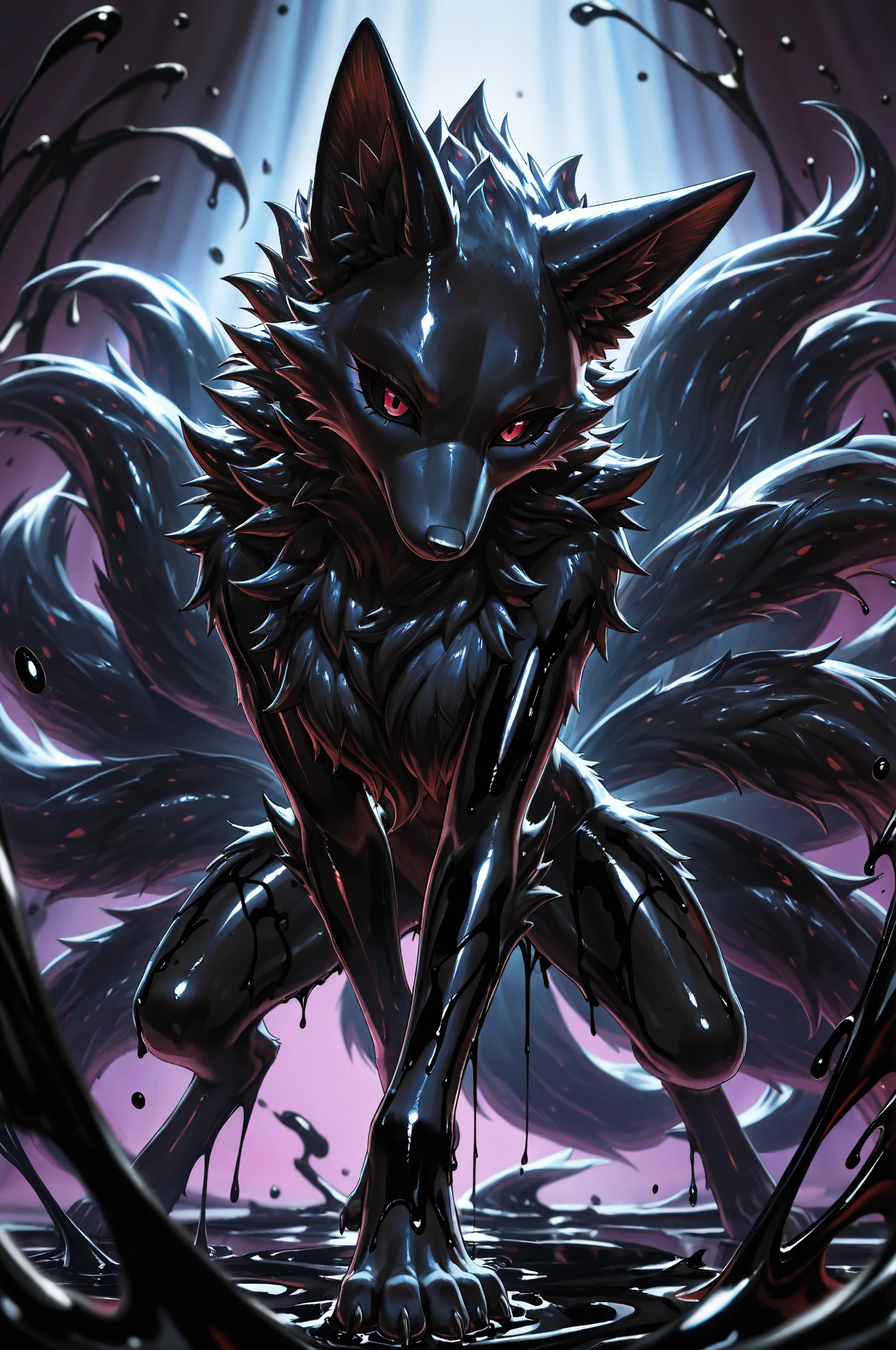 highly detailed, high quality, masterpiece, beautiful, (full shot, on front view, top angle), tall, voluptuous, athletic female, wolf, black fur, totally dark fur, white tribal markings on thighs, red inner ear, red one piece swimsuit , large breasts, feet, 5 toes, sharp toenails, toe claws, red claws, plantigrade, wide hips, curvy figure, curvaceous, wedgie, bearing hips, smooth fur, long fur face, thick thighs, thicc, long wolf tail, fluffy tail, wide and long snut, red inner ear, long wolf's mane, red eyes, black clera, black leaves, standing, , hand on knees, face down ass up,  ass, plump ass, feet together, looking at the viewer, Mocking Look, happy face, in a space ship