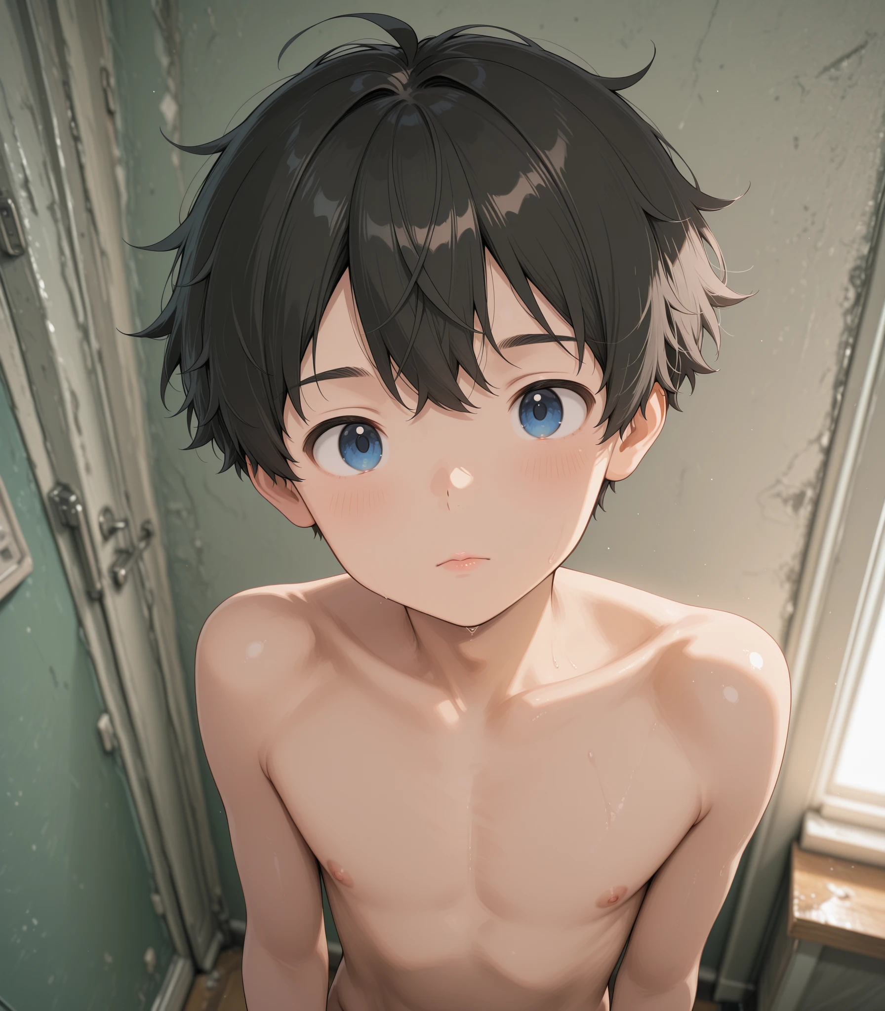 Handsome thin 12 year old Japanese boy.), cute face, (deeply carved face:0.7), (freckles:0.6), soft light,healthy white skin, Shy, (serious face), thin, Japanese , in short swimming trunks, 