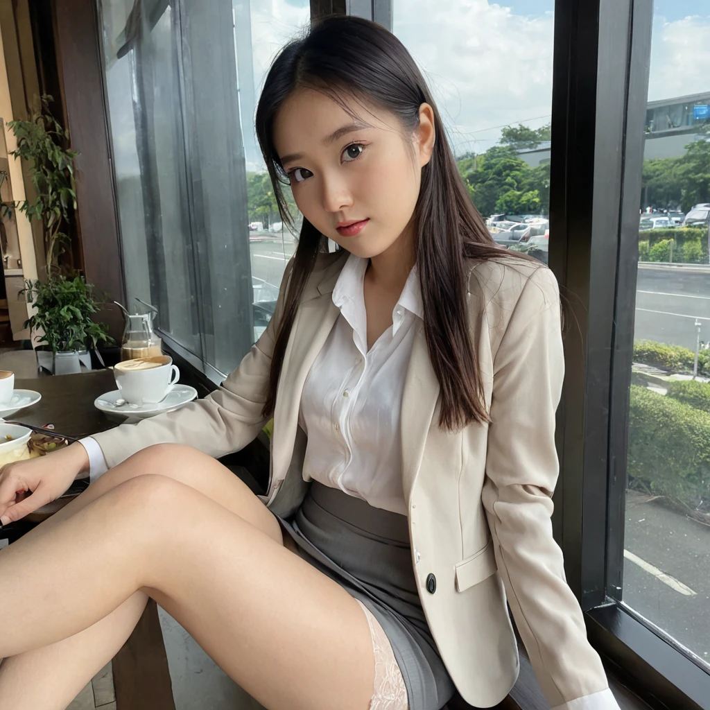 ((top-quality、in 8K、​masterpiece:1.3、Raw photo))、Super high quality photos, Inside a simple tent set up in a tropical jungle, ((Wearing a business suit with jacket and skirt)), ((Beautiful Japanese woman sitting on a seat)),((Wear a white blouse shirt under the jacket)), ((Perfect beauty 20 year old idol Japan woman)), ((burst into laughter)), ((protruding ??????? under the shirt,,)), ((slim figure)), ((Slim legs)), ((slim thigh)), (Photorealistic: 1.4), (Ultra-high detail), (hyper realisitic: 1.4), (Realistic: 1.3), (Smooth lighting: 1.05), Full body, 1girl in, Solo, (Japanese actressl),　20yr old, cinematlic lighting, ((Leaner figure)), Good ???????, Correct ???????, ((Perfect beauty 20 year old idol Japan woman)), ((Slim legs)), ((slim thigh)), ,((Perfect beauty)), ((He has a small camping bag in one hand.)), ((Panties are visible through the skirt)), ((burst into laughter)), ((camel's toe)), ((Wearing a business suit with jacket and skirt)), ((Hands on the ??????)).