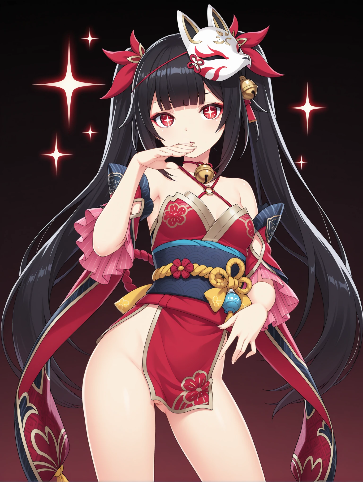 masterpiece, best quality, ultra-detailed, CG illustration, high resolution, better lighting, best shadow, extremely delicate and beautiful, appropriate shading, HD, 8k, ray tracing, hyper detailed and sharp background, perfect lights, anime style, Inspired by the game Mahokenshi: House of Ruby (Tengu, winged mountain kami, aggressive, red and white colors), strength, samuraipunk, solo, 1 woman, black hair, red eyes,  adult, obi tassel,