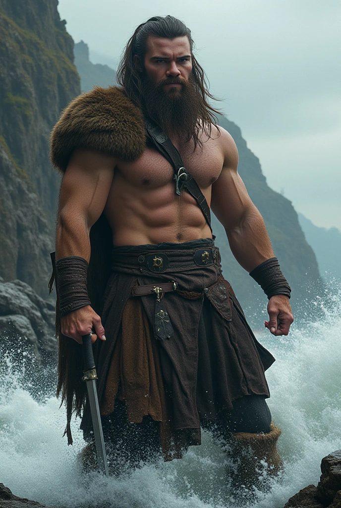 Viking left arm tattoo design, muscular viking man, brown hair divided with bangs, eyeballs.realistic blue, wearing warrior leather pants, warrior boots, lake and mountains in the background.