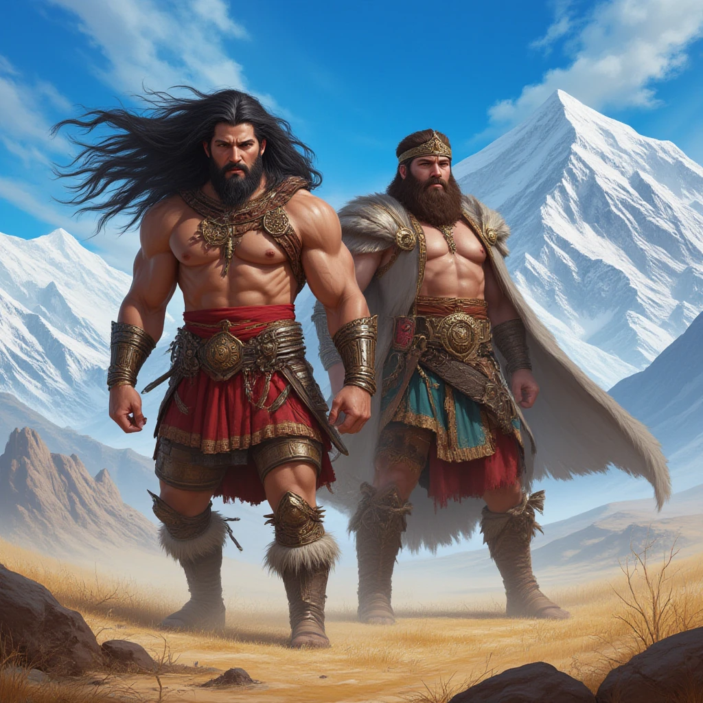 Barbarian with dark brown long hair, without armor and in the skin of a beast, with a bear amulet, two-handed sword, eye color - brown, dark skin, angular features symmetrical  features