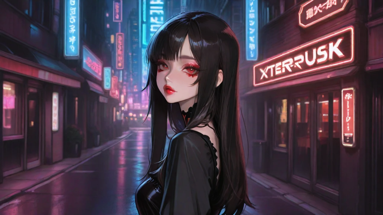 evildoer、girl、Hiding one eye、Black Hair、Bobcut、Black Veil、Black flared 、Eyes、Cat ear、cute、profile、Close-up of face、10generation、tall、eight-headed body、Back alley at night、Neon lights in the distance、Crouch down