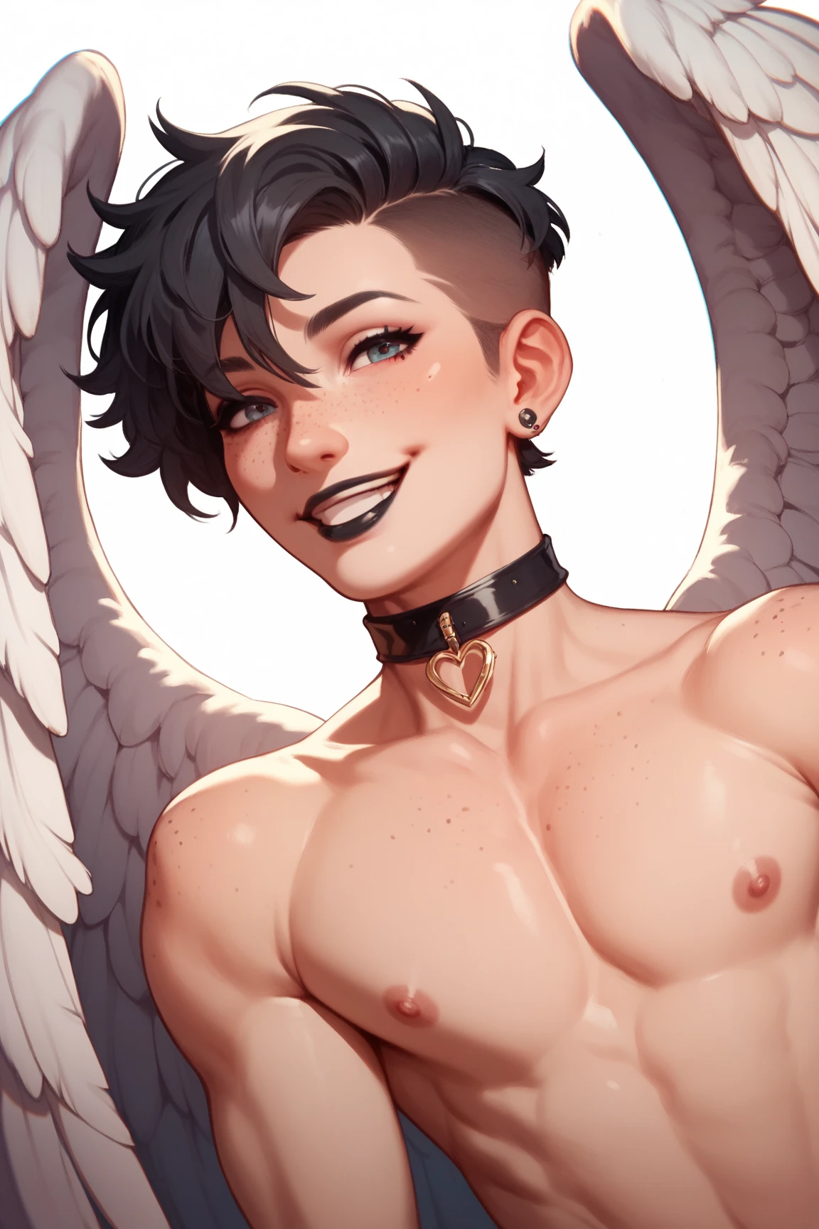 1boy, solo male, slim, soft physique, dark gray skin, black curly hair, eyes covered by bangs, 2 , multiple , black arm scale, black feet scales, dark background, masterpiece, high quality, alien, , , standing, huge , double , smiling.