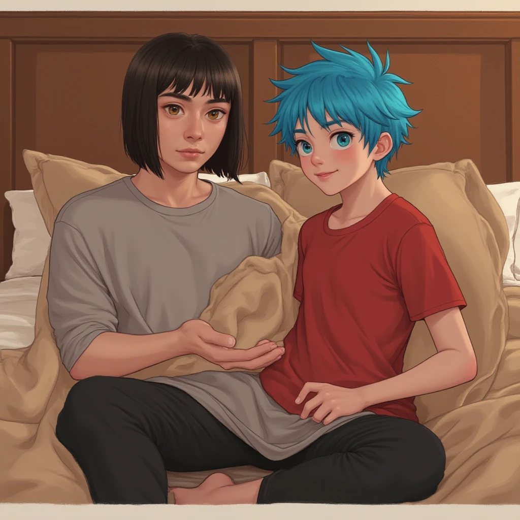 ( Shark, furry, anthropomorphic, blue skin, whole body, Best quality, human like body figure), female, bedroom background, inside, wearing thin black jogging shorts, wearing thin black , Furry art, furry arms, big grey shark tail, Big floofy tail, black fur legs, Noon, blue hair, wearing glasses, Bigger thighs, Bigger chest, blushed, gas air effect, hearts, sitting on lap, leaning down, 1 hand in jogging shorts, pleasure face, sfw