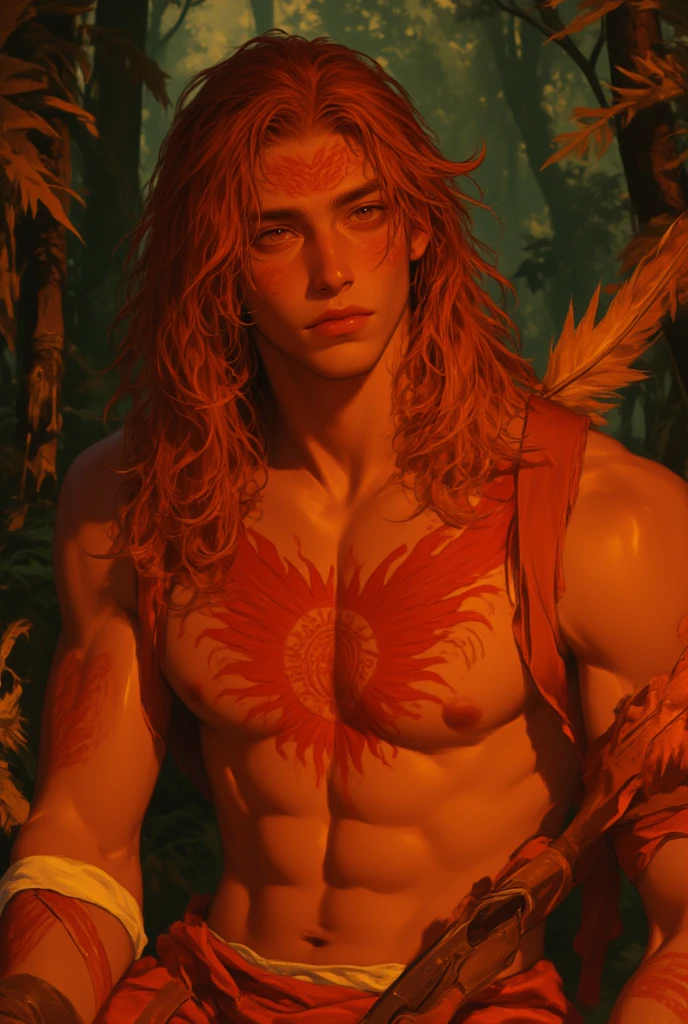 (hyper-realistic digital illustration), (perfect face:1.1), (high detail:1.1) one  extremely handsome male elf wearing micro orange , mage long red robes, clean shaved, front view, lying on his back, holding legs raised, athletic body, (white skin),  chest, flat chest,(long orange hair scruffy ), serene expression, small waist, muscular. best quality, high-resolution
