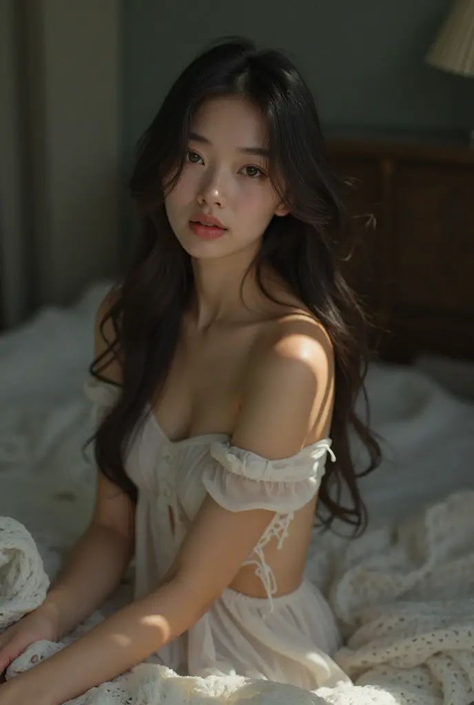 (((best quality))), (((ultra detailed))), (((masterpiece))), illustration,a beautiful girl,solo,slim,thin,messy hair,shoulder length straight bob hair,Dark Circles,Eyes bloodshot,(sad expression:1.3),flat chest,sitting on the bed,in a bedroom,halter lace nightgown, deep in thought, dimly lit room, soft glow of a digital clock, dark curtains, seclusion and introspection, disheveled hair, shadowed eyes, sleeplessness, delicate features, fragile beauty, pale skin, rouge on cheeks, heavy atmosphere, silence, soft hum of a refrigerator, woman's expression of deep contemplation, searching eyes, capturing the essence of struggle, vulnerability,(dark night scene:1.3), apart,arms behind back