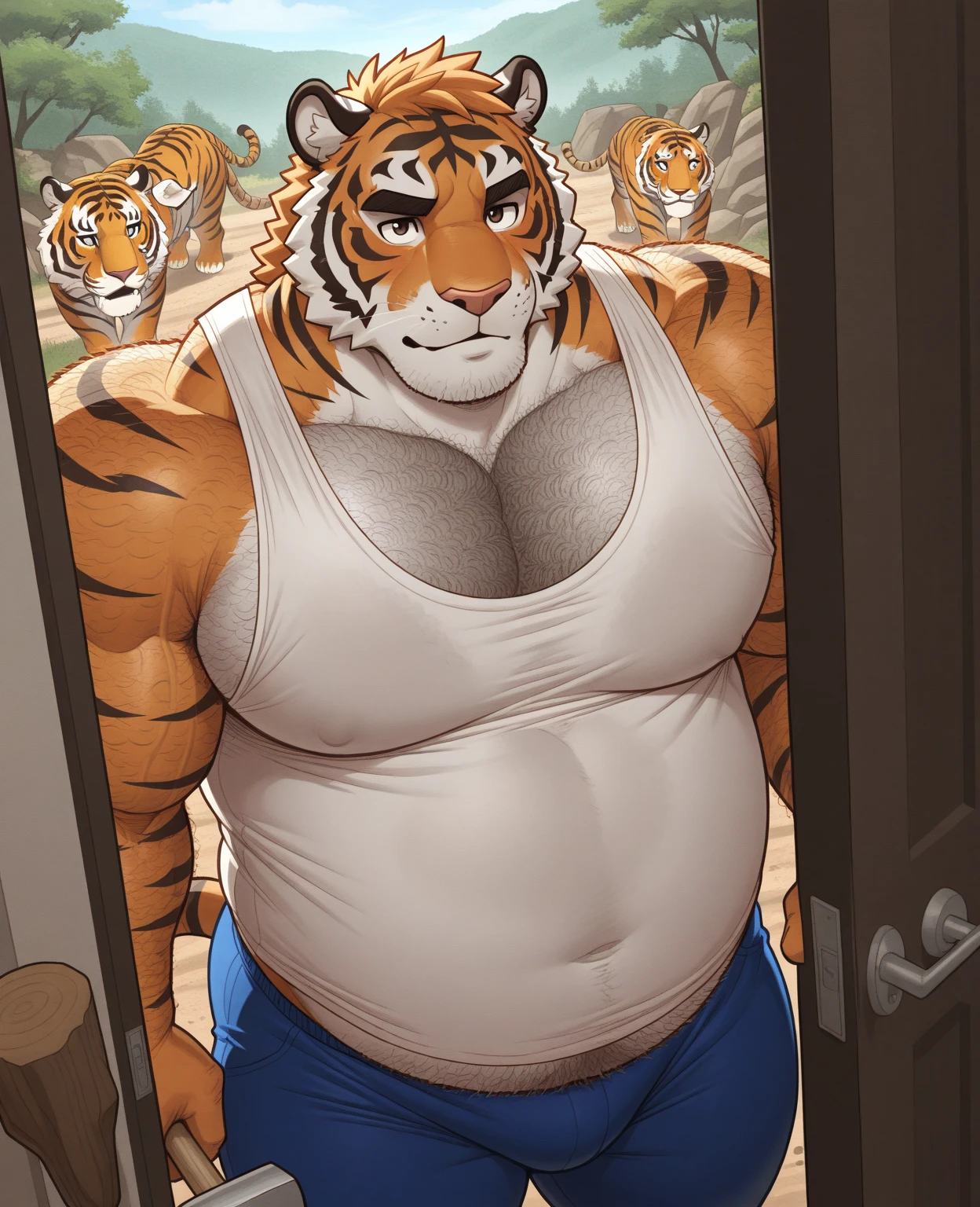 Tiger Man, Alone, (soft shading), 4k, anything, ((detailed face, detailed eyes, detailed)), (whole body), por zackary911, by zaush, (by personals:0.5), muscular, muscular male, only, (chubby), stomach, green eyes, pose, Alone, SMILE, 1 chico, belly button, , green eyes, male focus, Thighs, stomach, big lump, big ,  pecs, white , kneeling sexy, expanding lump, emonlyzo, sexy