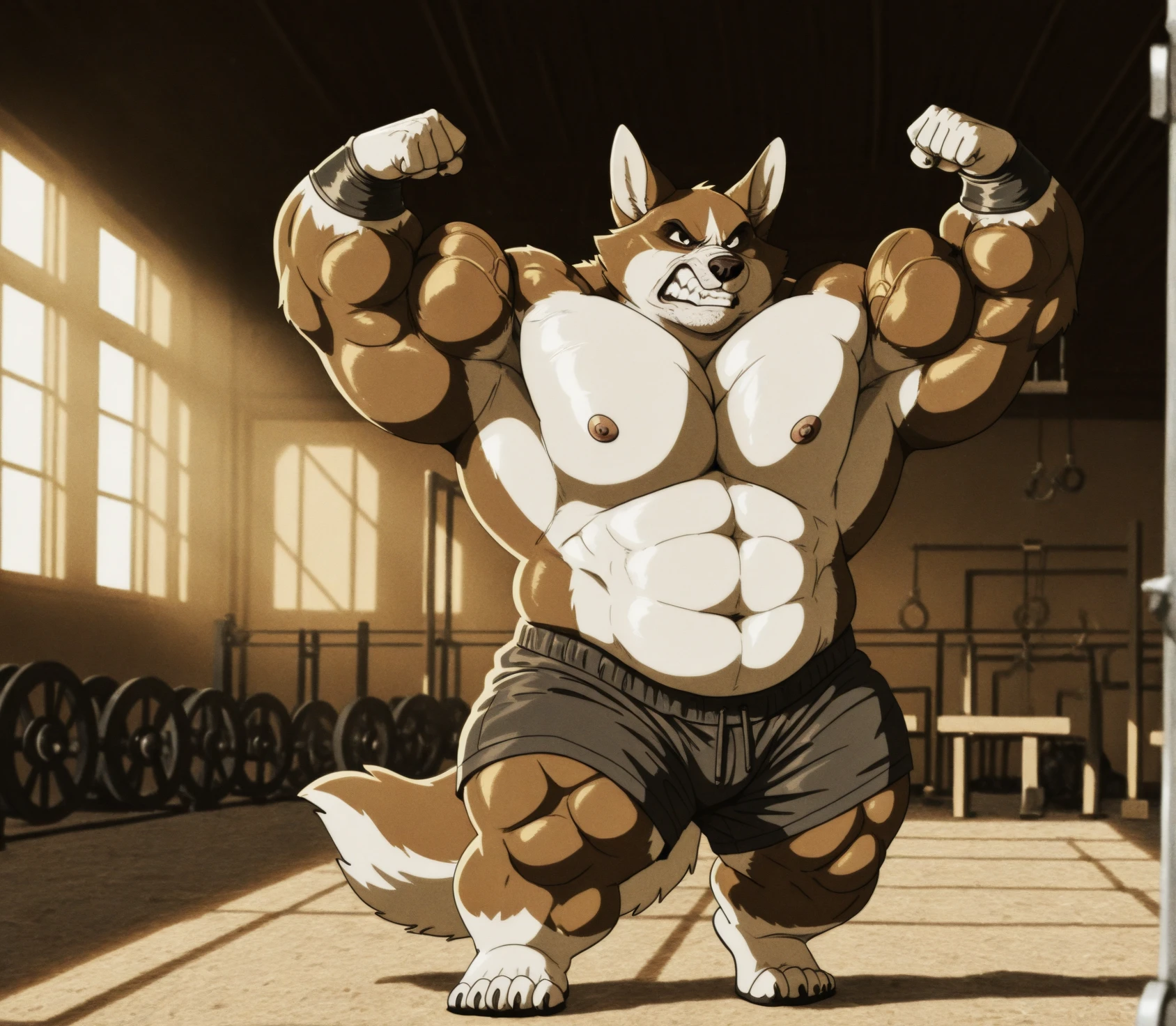 dad male corgi with small human blue eyes heavyweight lifter ,    ,white briefs , highly detailed lineart 4k, best quality, masterpiece, vivid colors, physically-based rendering, white hands five finger, grin 
