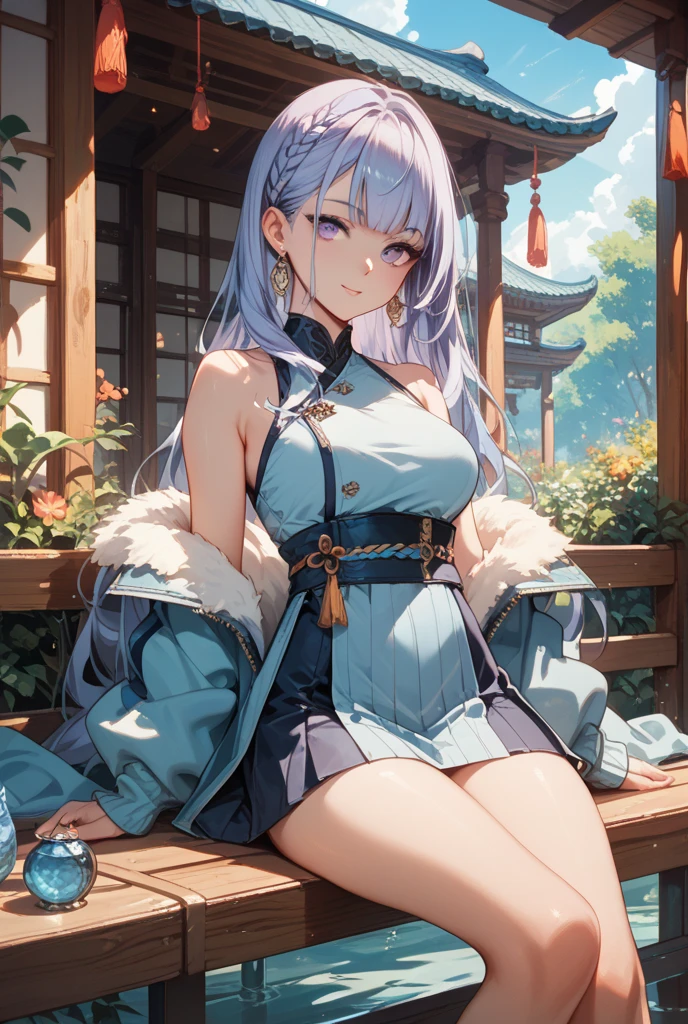 (CG Unity 8K wallpaper in extreme detail，nmasterpiece，Highest image quality)，(Delicate light and shadow，The picture is highly dramatic，Cinematic lens effect)， iwhite colored hair，gradient pink，Long single ponytail，pretty eyes，Lovely face，White Hanfu， leg，Sit on a branch，The background is the forest(Exceptional detail，The lighting effect is outstanding，Vista wide angle)，(Excellent rendering，Enough to stand out from the crowd)，