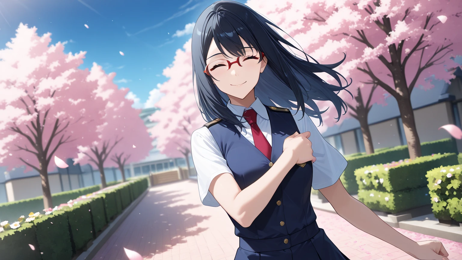 solo, 1girl, looking at viewer, sketch, flat colors, 2D, anime, anime coloring, upper body, asuka tanaka, kitauji high , serafuku, blue sailor collar, green neckerchief, looking at viewer, smile garden sakura tree (holding a blank paper viewing it to the viewer: 1.5) 