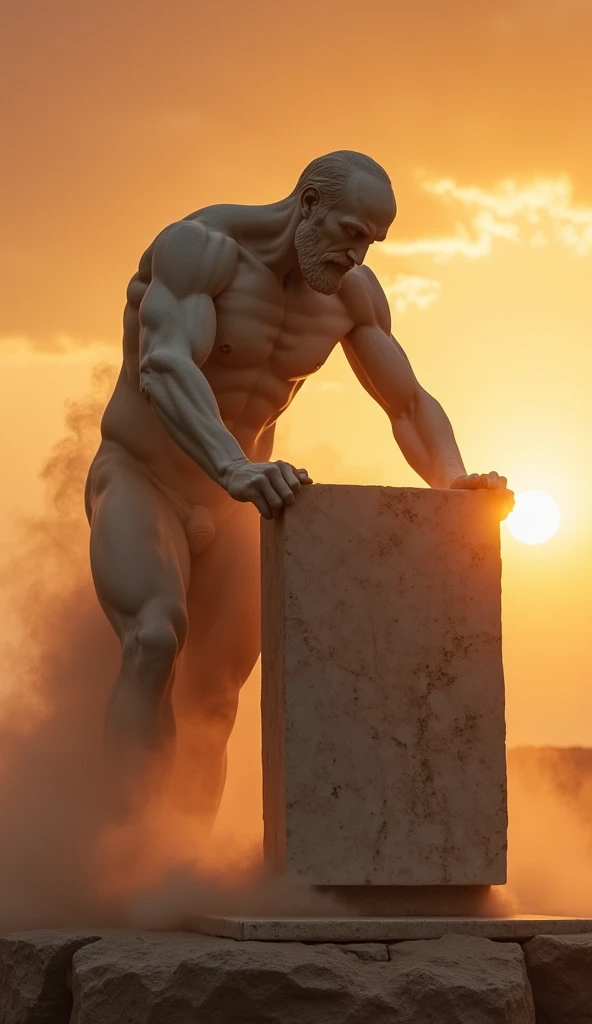 foto muy real y cautivadora de una estatua romana, el esta pensando, el es muy fuerte, tiene musculos detallados 