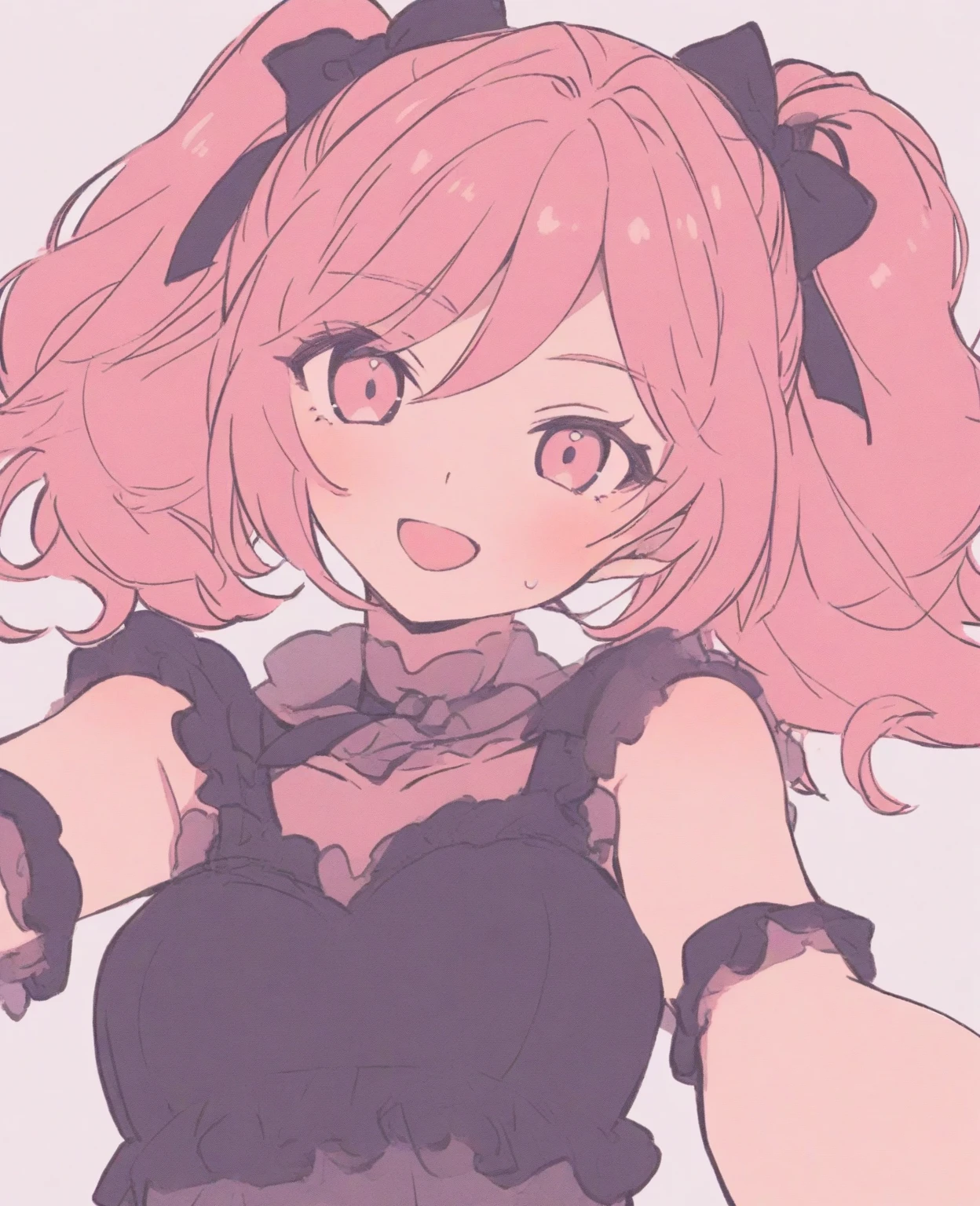 I draw for me an 18-year-old girl with pink hair, a girl with reddish-pink eyes, wearing a short black dress, a beautiful woman blushing, standing alone with sharp and cute features.