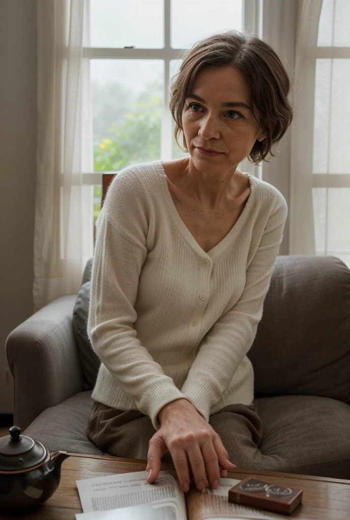 RAW photo, full body, 55-year-old woman, wrinkles, casual t-shirt, sitting on the guest sofa, looking at the viewer, wearing cream shoes, straight forward position, in front of the viewpoint,