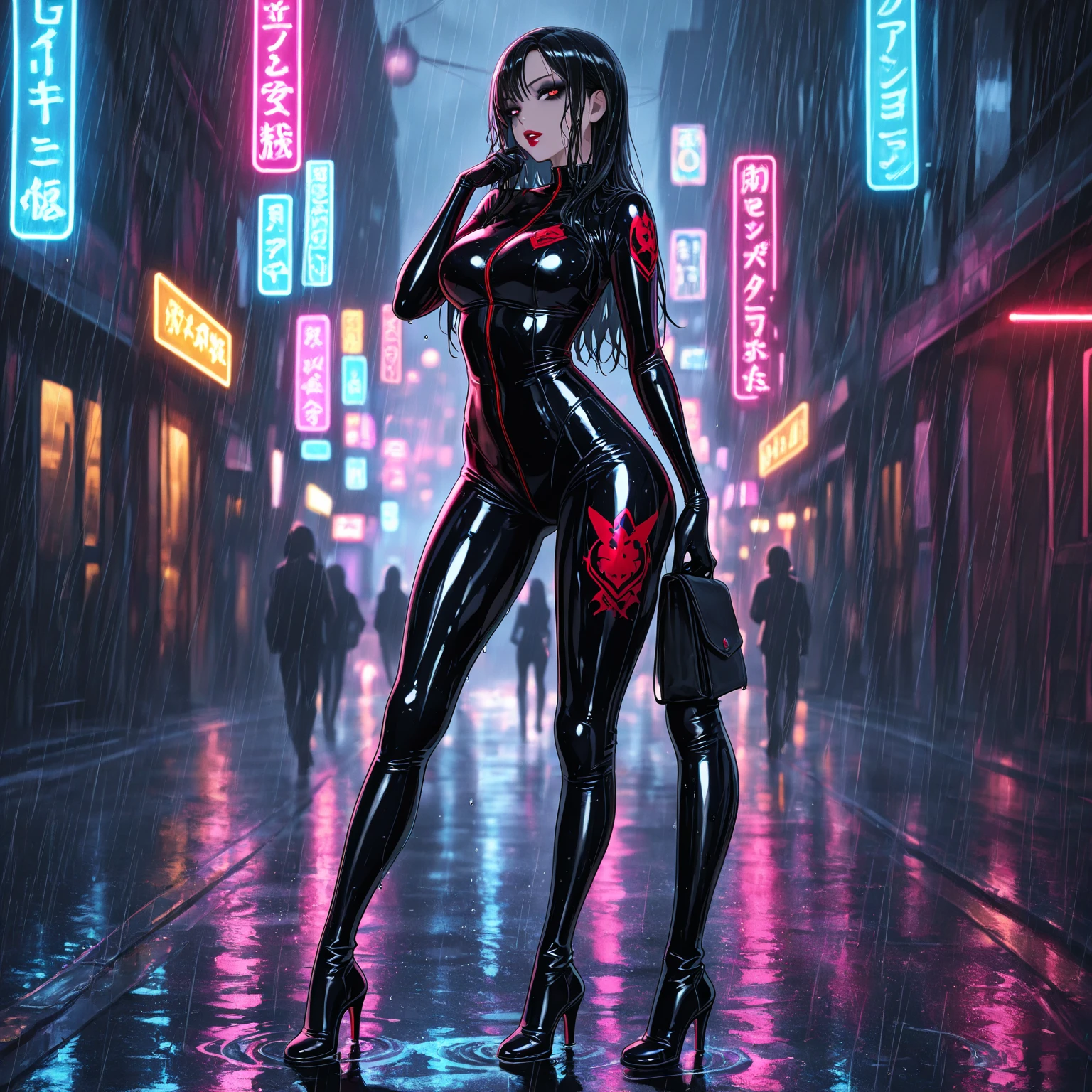 a woman wearing red long sleeve jacket, red jacket, glossy leather jacket, black hair, Ahoge, long hair, red eyes, big breasts, glossy red leather pants, wearing red sunglasses, smiling, full body, walking on a concrete sidewalk in a park at night, lit up..UHD , prime work , accurate , anatomically correct , textured skin , super details , high quality , best quality, 8k, high resolution, bokeh effect. (woman alone)
