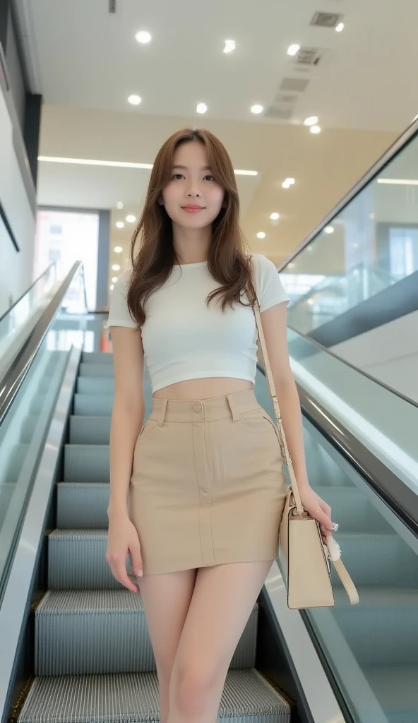 ((Best quality, 8k, Masterpiece: 1.3)), Sharp focus: 1.2, (realistic, photo-realistic:1.37), (1 AESPA girl: 1.2), beautiful face girl with cellphone, cute face, age 24, small ???????, flat ?????, brunette short messy hair, or ponytail, standing, white shirt, camisole, skirt, airport, terminal, station, sunlight, kindness, cinematic lighting, (8k, masterpiece, best quality, raw photo)