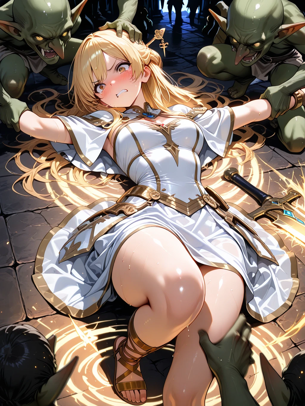 ((Highest quality)), ((masterpiece)), (detailed), （Perfect Face）、The woman being ????? by the men is the Greek goddess Tyatia, wearing a white Doric chiton from ancient Greece, with blonde medium-long hair and green eyes, being ????? and impregnated by the men.、The woman is wearing a white Doric chiton from ancient Greece in a temple of ancient Greek mythology, and is ????? and impregnated by men.