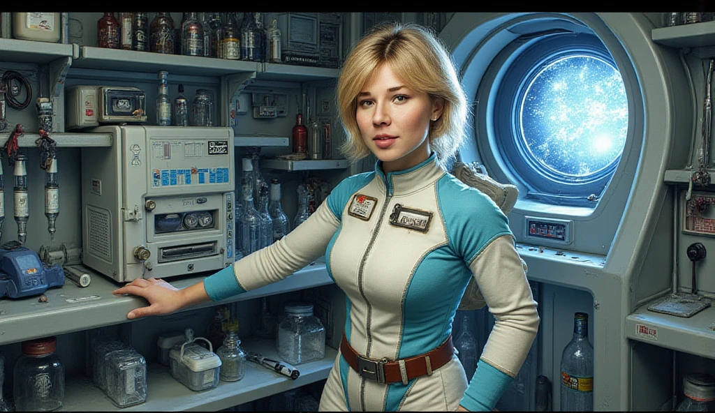 (masterpiece, best quality, illustration, unreal engine 5, official art:1.3), Rich Red color scheme, Don Lawrence hyper realistic picture of 24 yo Blond Haired [Marilynn Monroe:Maude Adams:0.45] as a Female Space Explorer, a technocratic, omnivorous, iridescent, astronaut commander, (sitting in a starbase control room:1.2),detailed face, detailed hair, detailed eyes, perfect fingers, insanely intricate detail, absurdres, 8k