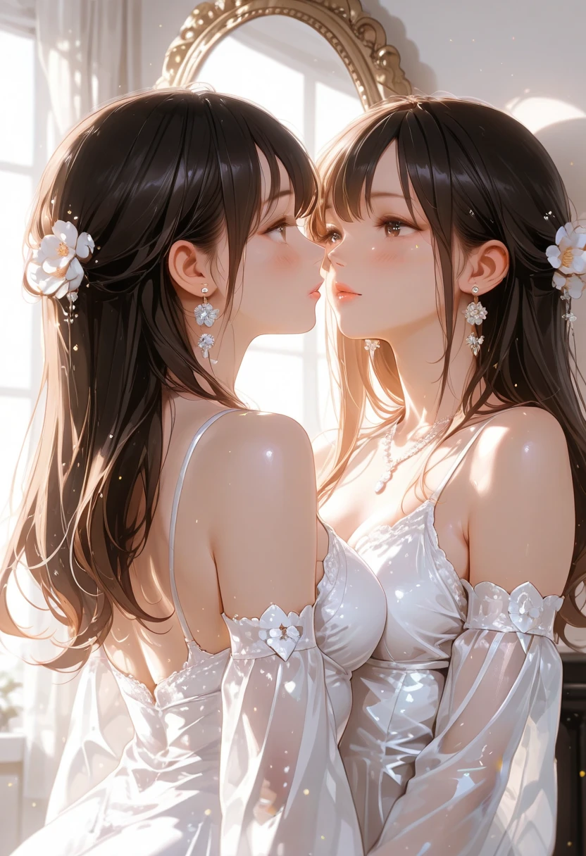 Innocence, Dark green hair, Twin tails, Put your arms behind your back, White Dress, Black waist tie, girl,blue eyes,