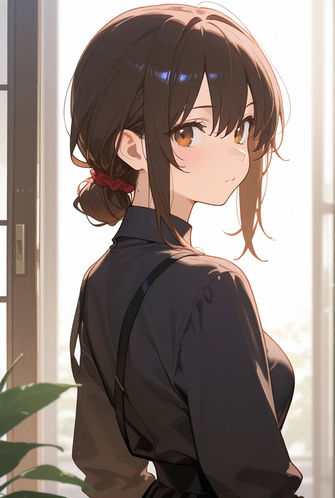 masterpiece，best quality，8k Illustration，Haibara Ai，Aoyama Gangsho style，Smooth lines，best quality，The finest details，Actress，Medium shot，The best background，Best quality，The brightest smile，Ultra Detailed，Best Illustration，The best shadow，Solitary，Uniforms, Black jacket，Light pink shirt inside, (jk brown skirt:1.2), Black knee socks, Looking at the audience, Put your hands behind your back，Small Breasts，The best costumes，The most beautiful proportion，#11: Short Wavy Brown Hair，Brown hair with natural sheen，Deep and bright blue eyes，It seems to be able to  people's hearts，Smile brightly，Send out positive emotions，Delicate skin，The texture is clearly visible，Lively expressions，As if about to jump out of the screen，Stylish looks，Exudes a sense of modernity，Dreamy atmosphere，Warm tones，Artistic and cartoonish，simple design，Lively，The character's smile and overall demeanor give off a friendly and approachable impression，Flowing hair，