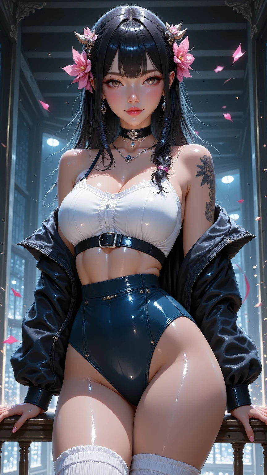 1girl, dynamic angle, (abstract background:1.3)hugging knees sitting, art by Erik Jones, octane render, High exposure of a Biochemical [Lily Sheen|Trevor Philips], looking down, Radiant hair, Foggy conditions, Sunlight, L USM, official art, unity 8k wallpaper, ultra detailed, aesthetic, masterpiece, best quality, photorealistic