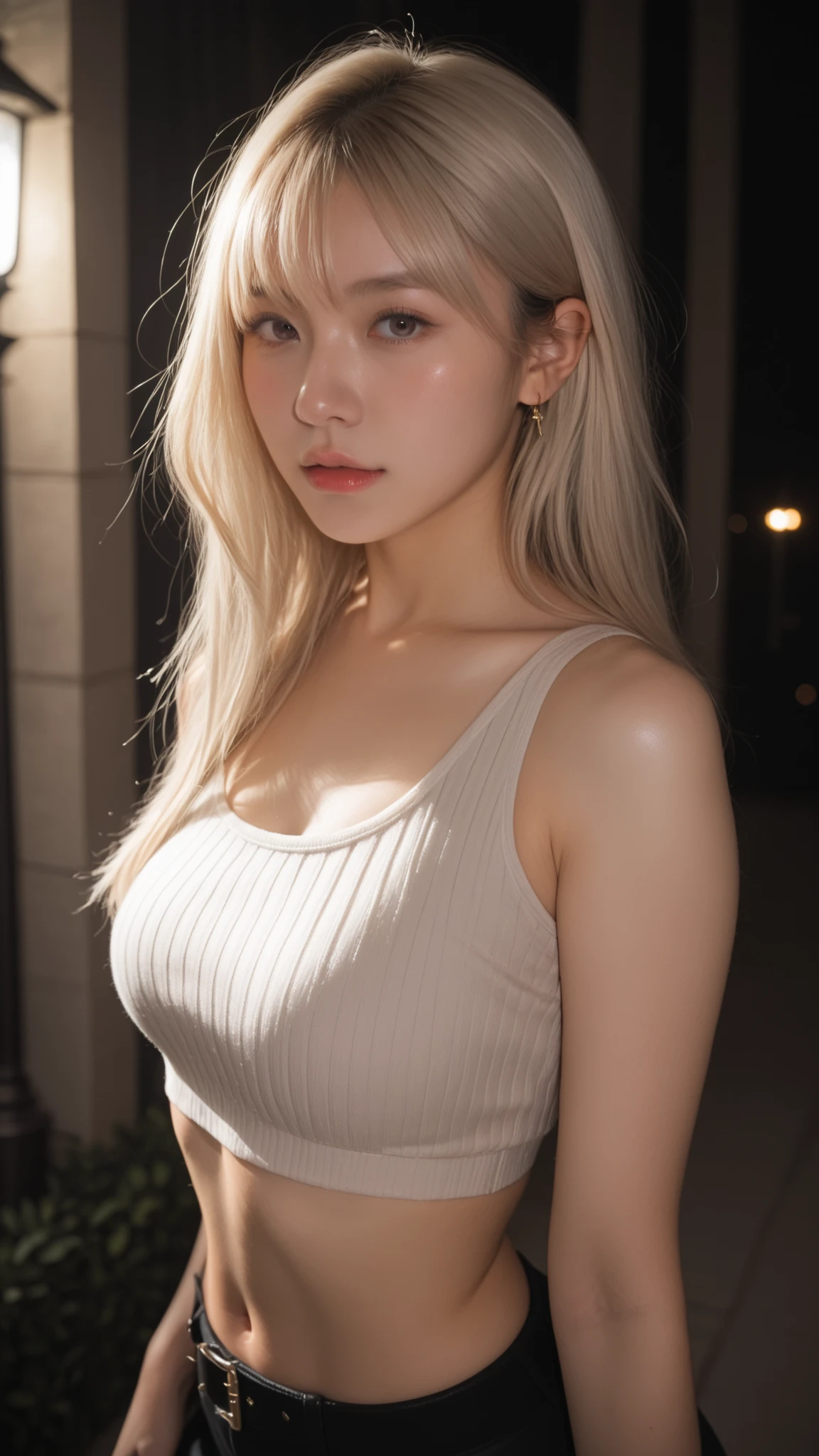 a woman with long blonde hair wearing a white top and black pants, straight blonde hair, with long blonde hair, white , white sleeveless top, Ava Max, with very long blonde hair, jia, jingna zhang, sexy girl with long blonde hair, flowing blonde hair, with long white hair, Sleeveless, white - blonde hair, shaxi, editorial model