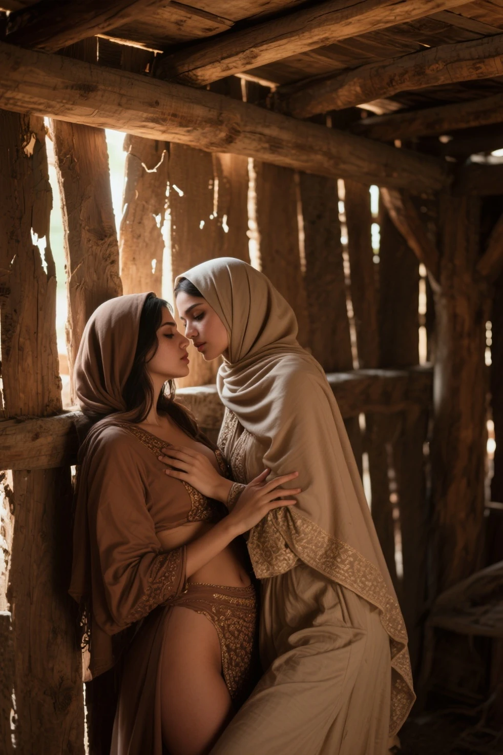 Pale skin Kurdish woman in hijab  shoulder  arm breasts  talking with a Arab man in luxury bedroom view from side angry raged 