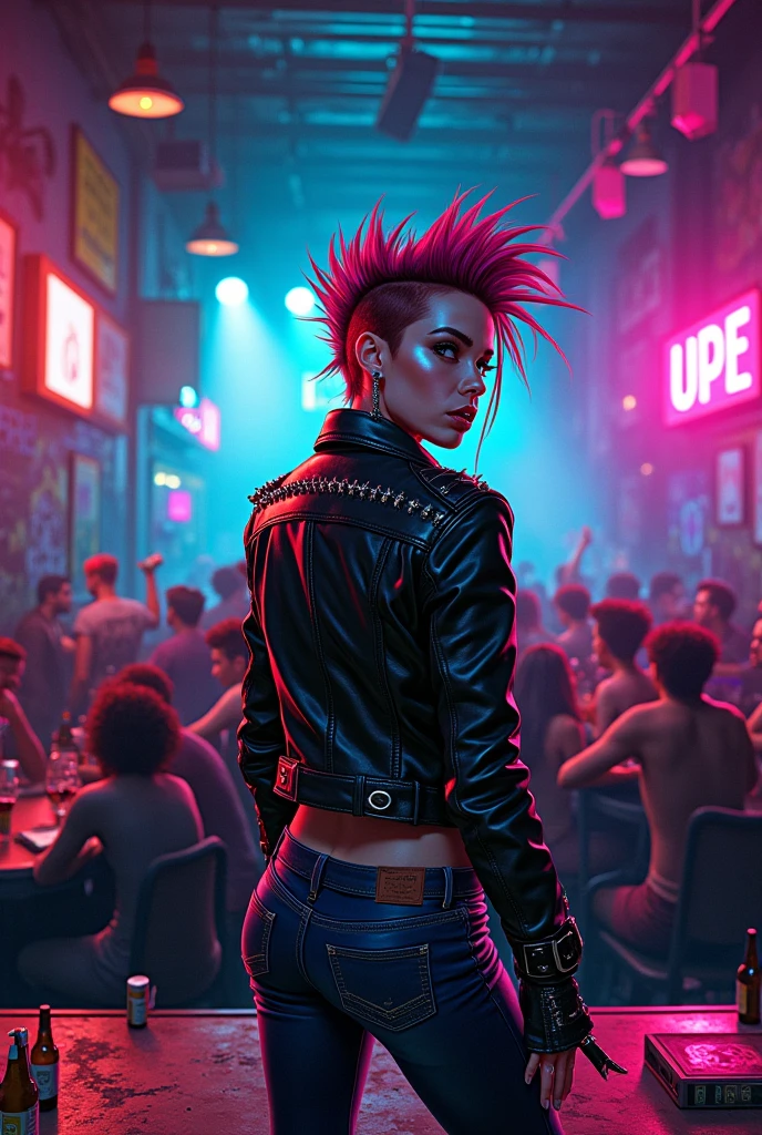 Girl with red hair, black lips in cyberpunk 2077 style in a bar. The girl is wearing a leather jacket with long sleeves and a short leather skirt. Emphasis on red 