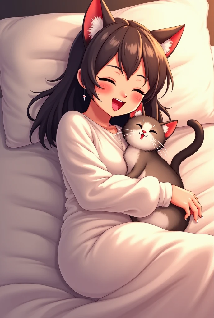 hug my cat in bed, while we sleep hugging each other smiling and covering ourselves with the colorful sheet
