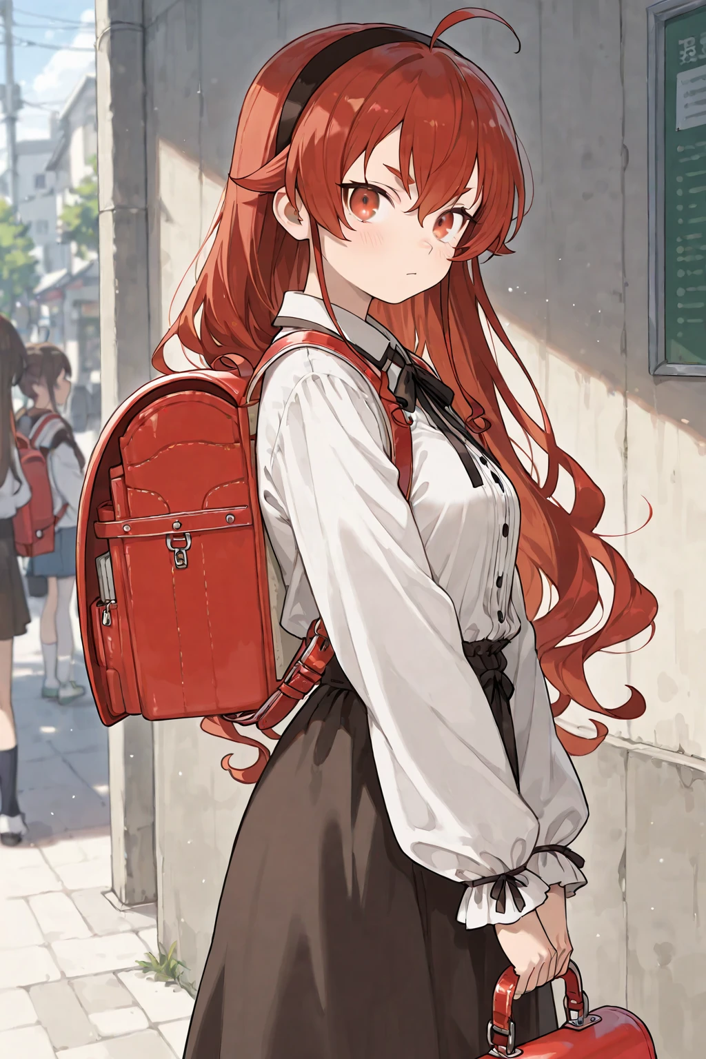 Masterpiece, High Definition, 1 girl, by rubio, Horse tail, hair band, Hair ornaments, Brown eyes, SMILE, halter_dress, wearing red schoolbag, (schoolbag:1.1), standing, exterior 