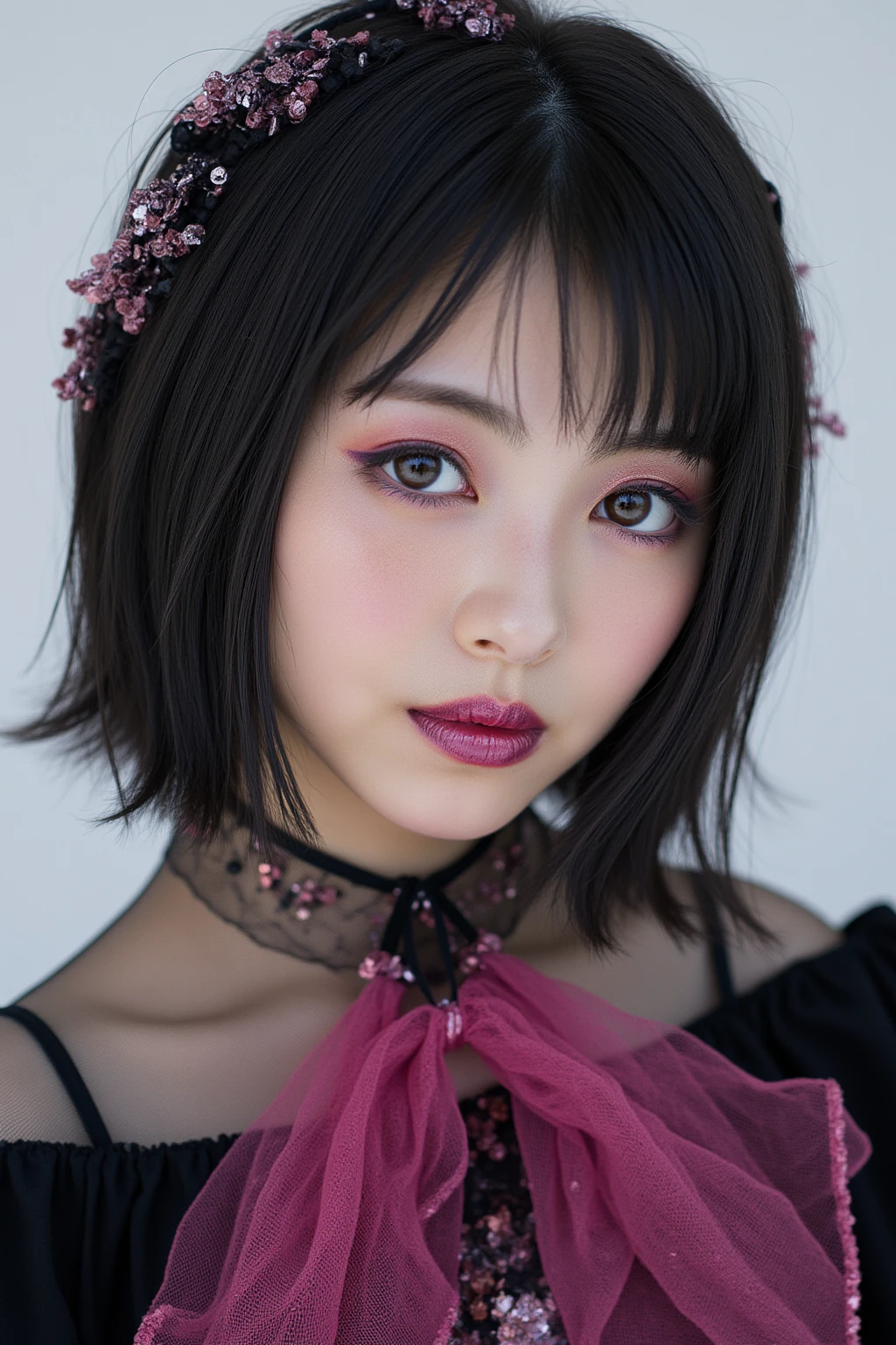 Highest quality, Super detailed, High resolution, 8K images), Very sophisticated and beautiful, , High resolution, Round eyes, Detailed facial features, (Round pupils:1.6) (Awareness-raising), (Beautiful and delicate eyes), (Very very very detailed face)), Depth of written boundary, (Attractive face), (Wicked Smile:1.3)Flower head ornament,、Exquisitely drawn beautiful faces, eyes and skin、Detailed black shiny hair frill tie、Ribbon tie、、Short Curly Hair,Bob cuts his hair((grayish-blue hair,head bands,head band)) 、(Purple 、Purple openwork 、Sheer embroidered tulle set)Lace pantyhose、Lace gloves、Wedding Scarf、Pearl Necklace,、Soft fabric、beautiful rose pattern dress((Show me your)), ((Stick your out)),(Squat with ), Fine and beautiful eyes,Perfect Proportions,(Overflowing big),(A full-body shot ), Very beautiful and cute girl,22 years old,(anime),Kamimei, Pitch black background,(Solid black background),alone