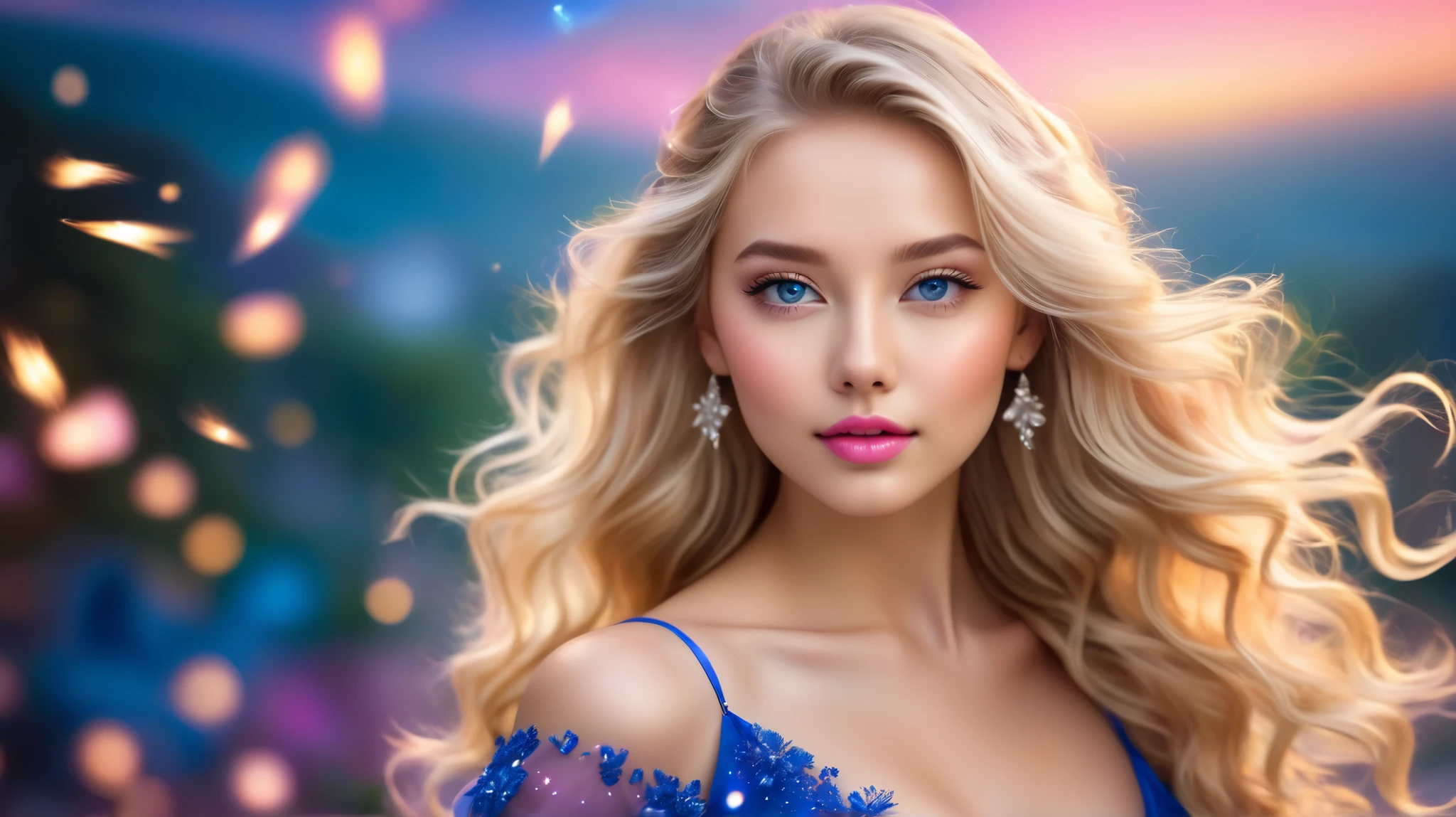 animesque、portraitures、One Person２０Pretty Woman、Moisturized eyes、Casual clothing、a picture、oval jaw、beautiful countenance、Blonde wavy hair、Blue eyes with a beautiful glow、LDS Art
