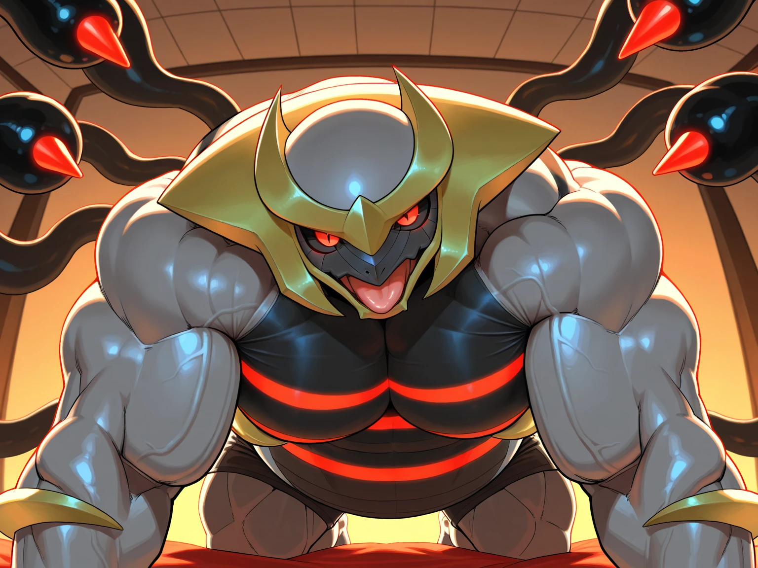 , Zekrom, obese , massive biceps dominant, low angle, arms up, 