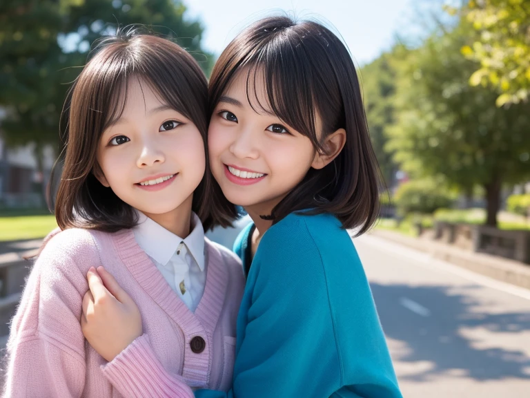 1 Korean 4-year-old boy, 1 Korean 4-year-old girl,Beloved,cute,looking at the viewer,smile,neat clothes,beautiful park background,subtle,very realistic,Free Pose,very subtle face, Detailed and smooth skin, beautiful face, masterpiece, highest resolution, best quality,perfect face,bright lights, Natural-looking poses,