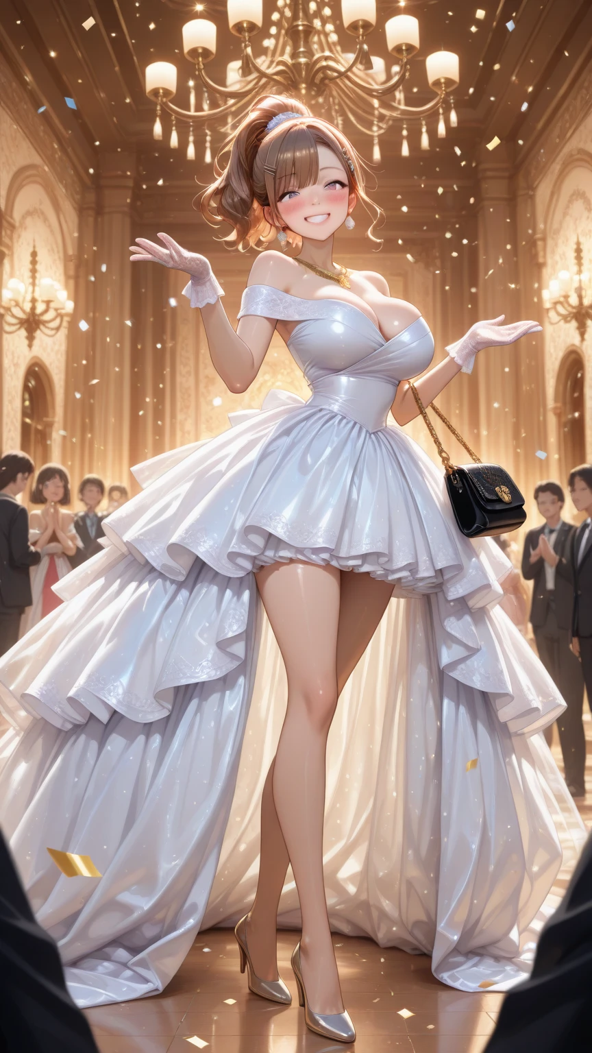 masterpiece, best quality, 1girl, very curly hair, blonde hair, shiny hair, tiara, diadem, medium breasts, glossy lips, good lighting, latifa fleuranza, dress, elbow gloves, city street, neon lights, night, crowd, standing, high heels