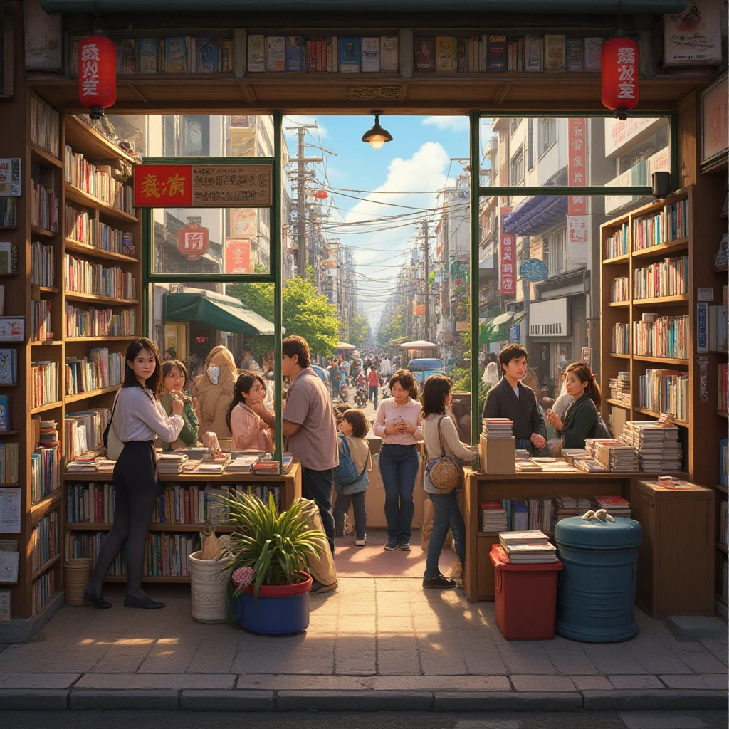 People walk in a narrow alley，The sides are lined with books, Chinese streets, Old Chinese street market, in a narrow chinese alley,Beijing Hutong, japanese downtown, market in japan, dreamy Chinese towns, tokyo anime scene, cyberpunk streets in japan, in a tokyo street, Tokyo Street, in narrow tokyo alleyway, japanese town, japan travel aesthetic, japanese city