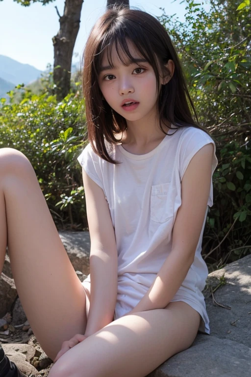 (masterpiece, Highest quality:1.4), Award-winning portraits, 8K, 85mm, alone, Beautiful Face, Delicate girl,  (On the grass), Sophisticated, cute, 15 years old, RAW Photos, Confused, High resolution, Sharp focus, Background Blur、(((flat  、thin and delicate body、Childish atmosphere)))、Glossy short bob、Mole on the left cheek、 Dark blue eyes、the skirt is swaying in the wind、Hair swaying in the wind、sexy、flexible legs、naked、Angle shot from the ground