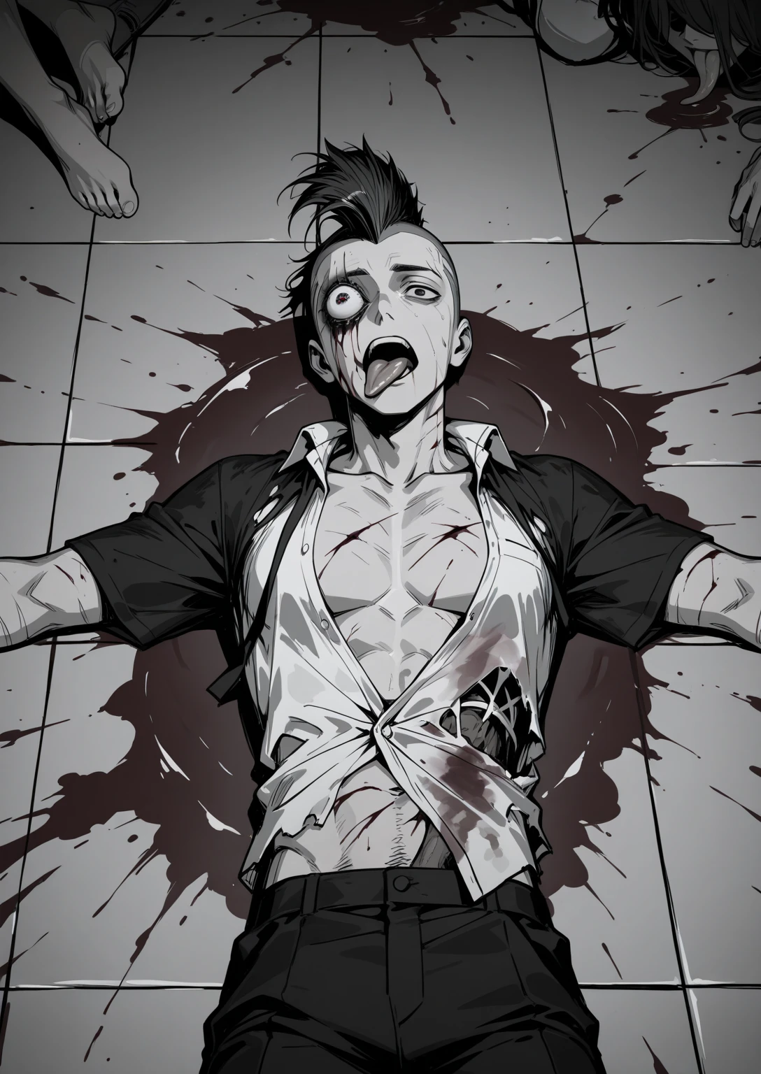 score_9, score_8_up, score_7_up, score_6_up BREAK furry, anthro, source furry, uploaded on e621 BREAK barcode tattoos on the body, (robot, android, mechabare:1.6, severed limbs, severed arms, severed legs, , amputee, dismembered, dismemberment, broken, damaged, heavily damaged, destroyed), solo, male, adult, , athletic, abs, thin waist, white arctic fox, white fur, short messy dark blue hair, detailed eyes, hard , massive  white , , , dripping , component, mechanical parts, mechanical component, lying, lying on a pile of trash, leaning back to pile of trash, pile of trash, in the trash dumping ground, trash dumping ground background, angry expression, looking away, BREAK good quality, best quality, high quality, high definition, hd, 4k, 8k, masterpiece, intricate, extremely intricate, intricate details