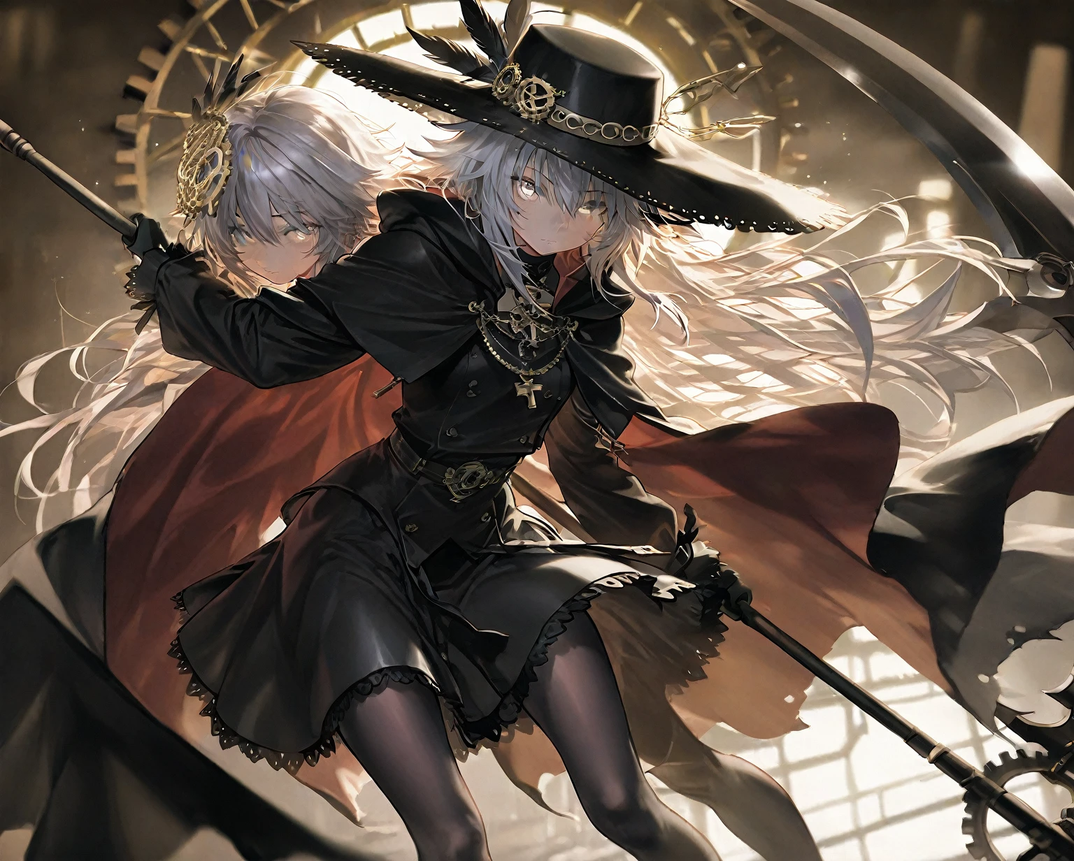 absurdres, RAW photo, extremely delicate and beautiful, masterpiece, Best Quality, ultra high resolution, 32k, hyperrealistic, ultra-detailed, Very detailed CG 8k wallpaper, detailed background, landscape, Beautiful Lighting, Perfect Lightning, Realistic Shadows, perfect , anatomically correct, ideal ratio body proportions, perfect figure, Perfect Style, Perfect balance, super Detailed skin, in her 30s, very Slim body, narrow waist, very small head, very small face, delicate  features, handsome detailed woman, very detailed eyes and face, realistic face proportions, Realistic beautiful face, Realistic beautiful eyes, tearful mole, earring, whole body shot, very huge round , medium hair, asymmetrical hair, wavy hair, steampunk fashion, waistcoat, blouse, hat, boots, short skirt,  shoulder,