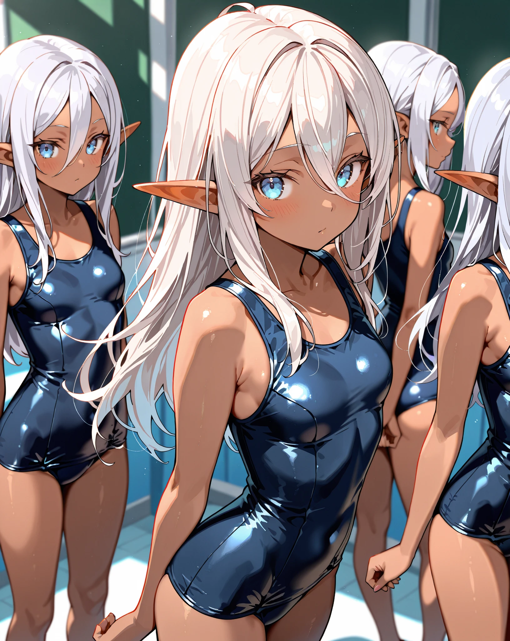 Long Hair, chest, View your viewers, blush, smile, Open your mouth, bangs, blue eyes, 大きなchest, Knee socks, gloves, ribbon, belly button, chestの谷間,   swimsuit, whole body, Gray Hair, 巨大なchest， (巨大なchest: 1.8), Green Hair, horn, Pointed Ears, Blunt bangs, Raise your arms, (１People Women),  (Side tie bikini bottom), ( ), (（White tiny ）), wave hands