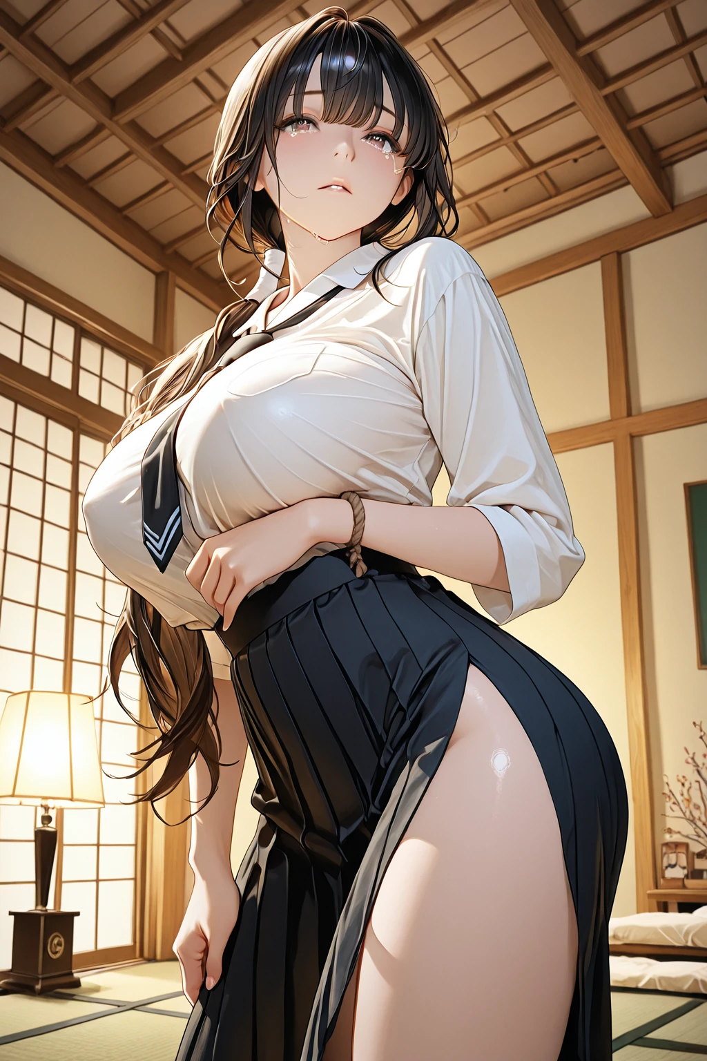 (()), Wrapped in a rope, (((()))), ((Rope )), Exquisite details and textures, ((Rope is wrapped around the body many times)))), (brown rope), 1 girl and 1 man, man behind girl, WA2K,neck tie,Shirt,pantyhose,Jacket,gloves,One side up,Hair Ribbon, WA2K, WA2000, girls' frontline, Red Eye, (((((hands tied behind))))), (((((arms behind back))))), (((((large full breasts))))), masutepiece, Best Quality, 1girl in, Long hair, Solo, blush, Full body, (((White shirt))), red neck tie, Close one eye, ((Seiza)), Sitting on the floor, Clenching teeth, (angry), scowl, Sweat, Gradient Hair, (blush), Ultra Detail, Shy, full of sweat, Ultra Detail, Thighs together, Crouching on the floor, Concrete floors, Concrete walls, underground roomで, underground room, brown Rope, (From below)