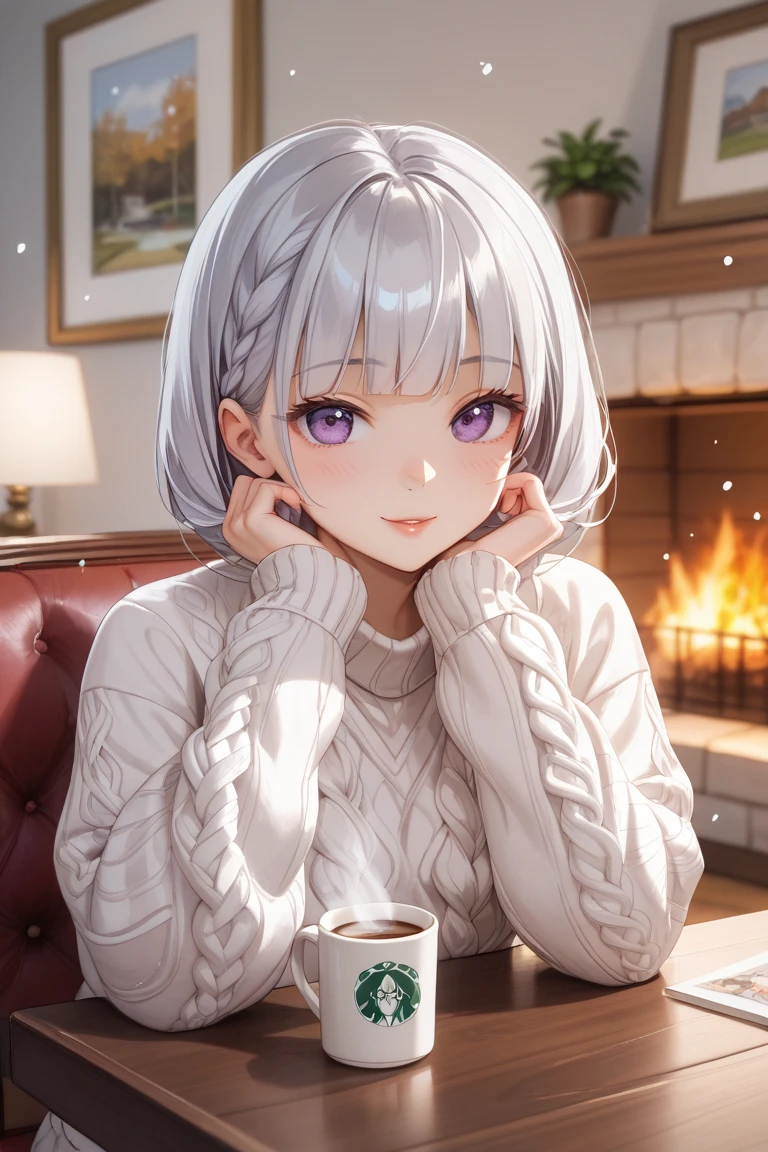 (((1 person　Gray Hair　Sit on the sofa　Crossing your legs　blue eyes)))　((High resolution　short hair　hoodie　Black Skirt　Rin々Funny face))　((Close-up))　((Blue butterfly　Asahi　Shining Aura　Catch the wind　Holding a cup　Drink coffee))　(smile　Bathed in light)　Shining Background　Shining Edge