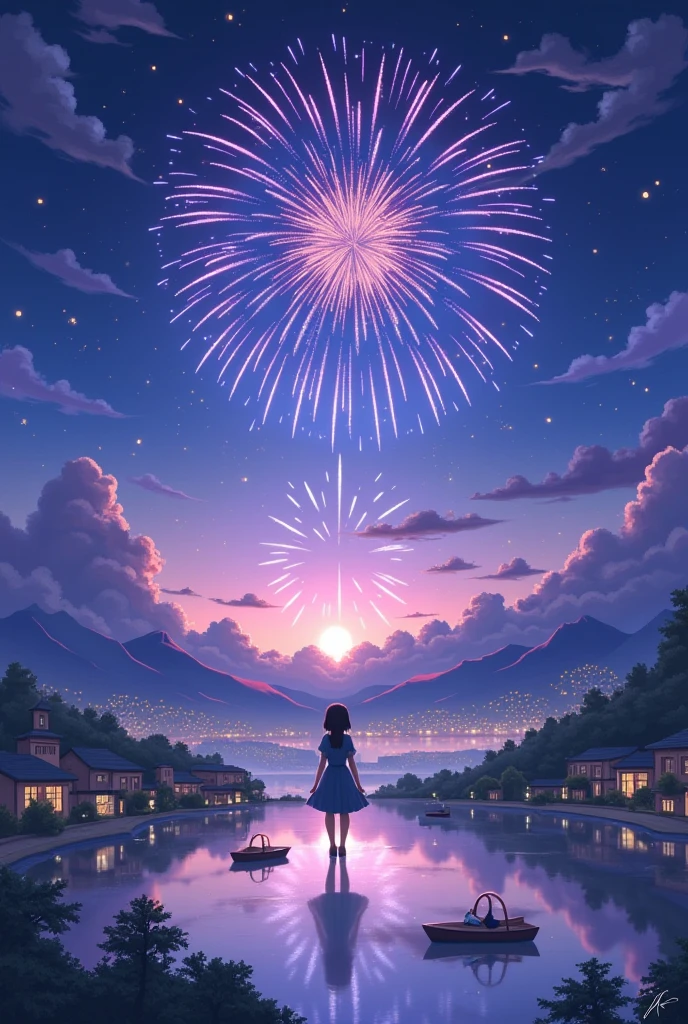 (Very detailed CG unified 16k wallpaper:1.1), (Denoising Strength: 1.45), Two girls sitting on the grass watching fireworks，1girl, cryptic_g, purple eyes, silver hair, gradient hair, twin braided hair,Beautiful and delicate eyes,,Dark purple with white hair, Fluorescent violet。Another girl with short black hair，White T-shirt，Neutral style,  Beautiful detailed city night in the background,Fireworks in the night sky， Perspective Effect, Very detailed, Lots of details, HD semi-realistic anime CG concept art digital, illustration, (masterpiece:1.37), masterpiece, best quality，poster
