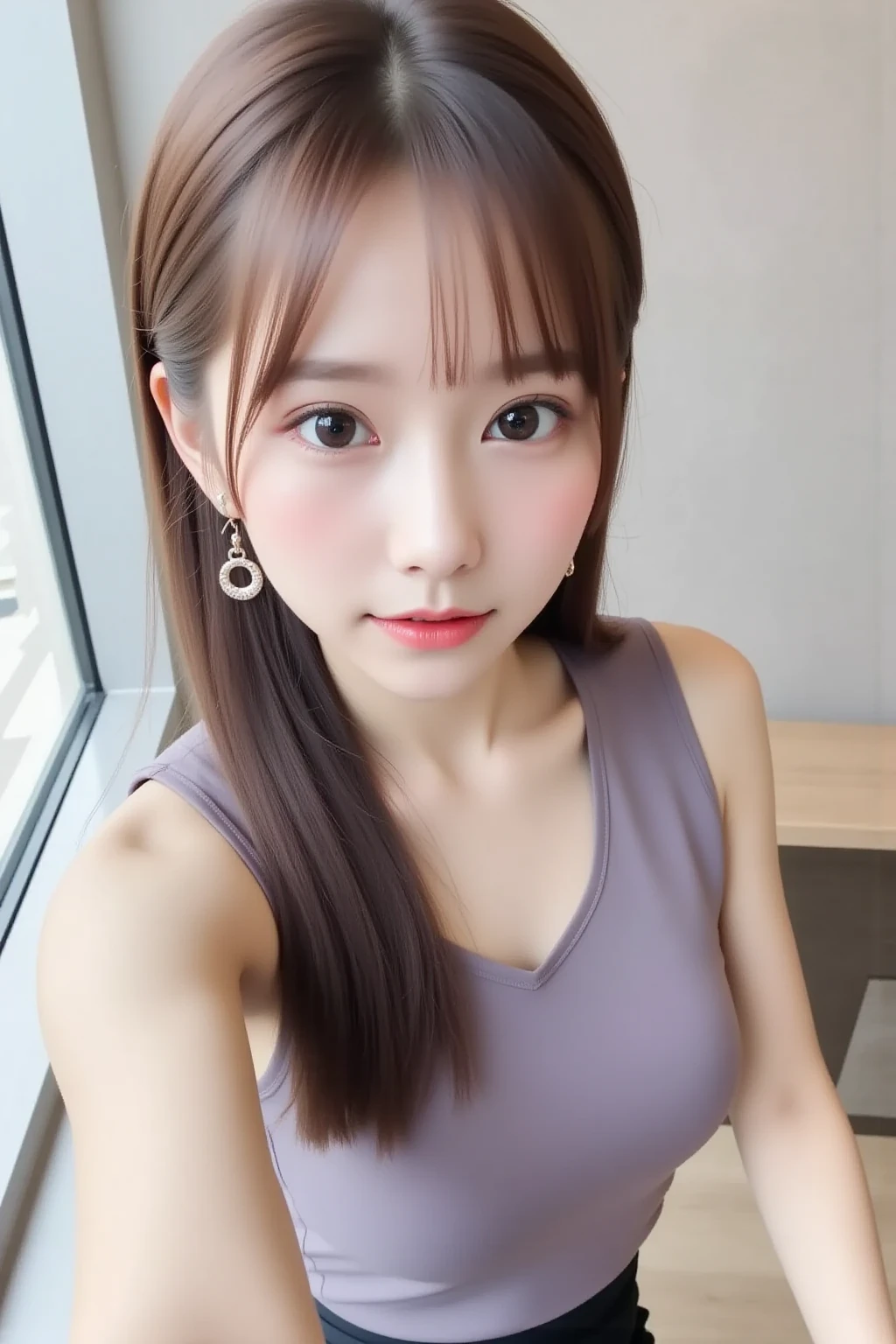 (masutepiece:1.3), High resolution, ultra-detailliert, the Extremely Detailed CG Unity 8K Wallpapers, Realistic, Photorealsitic, Raw photo, beautifull detailed face, pale skin, realistic glistening skin, Detailed Cloth Texture, detailed hair texture, Perfect body, Beautiful face, acurate, Anatomically correct, Highly detailed face and skin texture, Natural neck length, (Beautiful hands), (Fair skin:1.2), thin legs, Thin feet, 
BREAK, 
Detailed eyes, symmetrical eye, Light brown eyes, Double eyelids, Thin eyebrows, (Glossy lips:1.4), ((Waiting for a kiss:1.2)), (blush:1.1),
BREAK, 
(Classy and cute girl:1.3), (Wearing a classy off-shoulder white blouse), (Orange flared skirt:1.2), 
, (Slender figure:1.1), Firm abs, Beautiful collarbone, 
(Dark blonde hair, Wavy Hair, Long hair:1.3), ((asymmetrical bangs:1.2)), (upperbody shot:1.2), Looking at Viewer, (From  above:0.65),
BREAK, 
((Stand close to me and reach out in front:1.3)), (She said I would wait in front of the station at 10 o'clock), 
(In a private working space), ((In a modern office in Japan)),