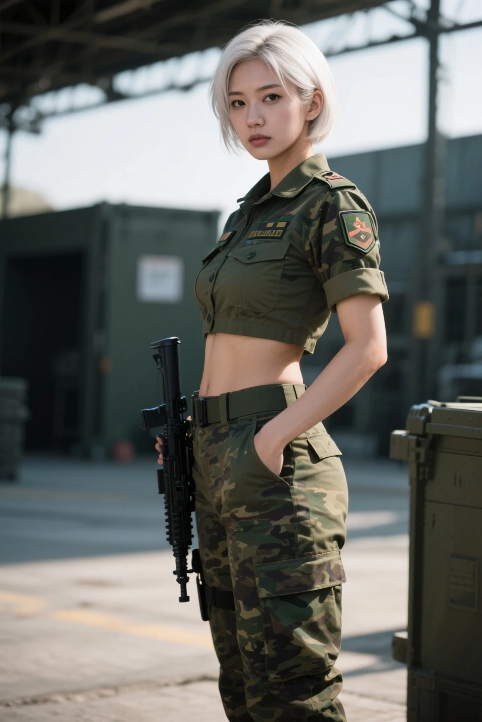 8k, highest quality, ultra detailed:1.37), Eliana, ((18 years)), a beautiful Asian girl, ((proudly stands in a military uniform)), representing her role as a soldier. She wears a fitted olive green dress. The high-resolution image captures ultra-detailed realism, highlighting Eliana's determined expression, piercing eyes, and confident stance. The backdrop showcases an forest, adding to the authenticity and significance of the image. This visually striking representation showcases Eliana's strength and dedication as a soldier, cute knees, ((Lake)), ((Pine trees)), Beautiful Smile 1:2, ((Detailed face)), ((Perfect body figure)), ((Detailed hair)), ((Detailed Dress)), Tanker, Army vehicle, ((S-500 missile launcher)), Missile fired from Launcher, k, heavy Armour vehicles, ((rose Flower in hand)), ((Super round  under the uniform)), heavily pregnant huge pregnant belly 