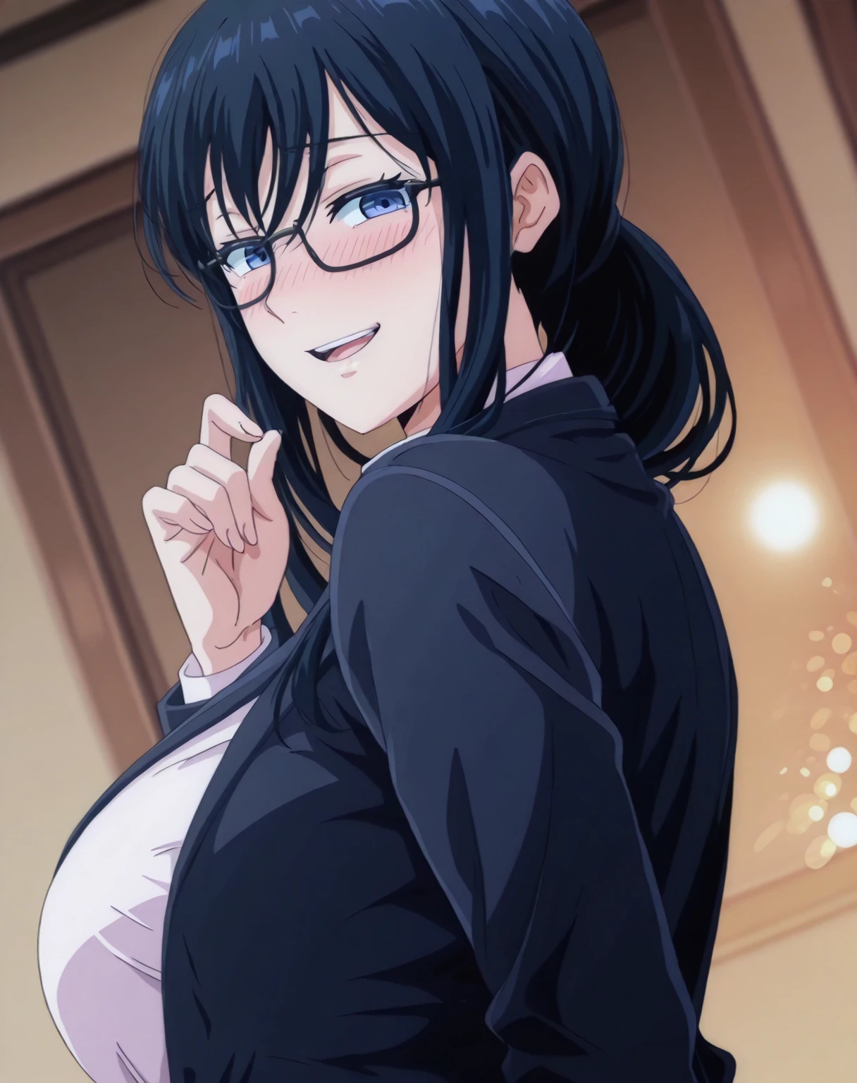 anime cels style, best quality, high resolution,1girl, minakatahizuru, (black hair:1.1), (purple eyes:0.7), (black-framed eyewear:1.3), (huge breasts:1.2), cleavage, black jacket, black suit