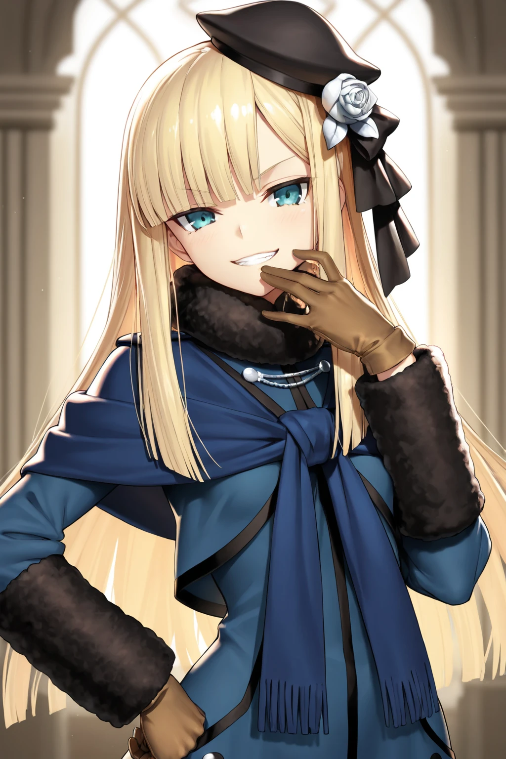 masterpiece,Highest quality,1 Girl,alone,blush with embarrassment,(Bold:1.6),(flat:1.5), Atago, (Fleet Collection),(Portraiture:1.2),blonde_hair,length_hair,big_chest,Have,smile,beret,green_eye,green_eye,black_gloves,black INNER SKIRT,uniform,pantyhose, slit_blue long skirt,blackいレーススカート,