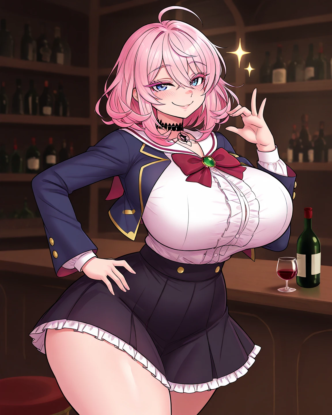 1girl, anime screencap, 2d, anime style, eyla \(genshin impact\), pink hair, ???????, ?????????????, thick thicks, wide ????, smile, black headband, headband, hourglass figure, very short hair, short hair, blue eyes, maid uniform, mini-skirt, miniskirt, thighhighs, cleavage, hair ornament, red glasses, glasses